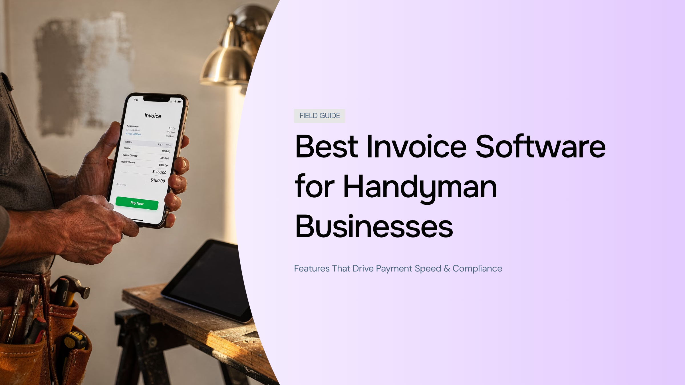 Professional invoice software dashboard on tablet with payment tools and compliance features for handyman businesses
