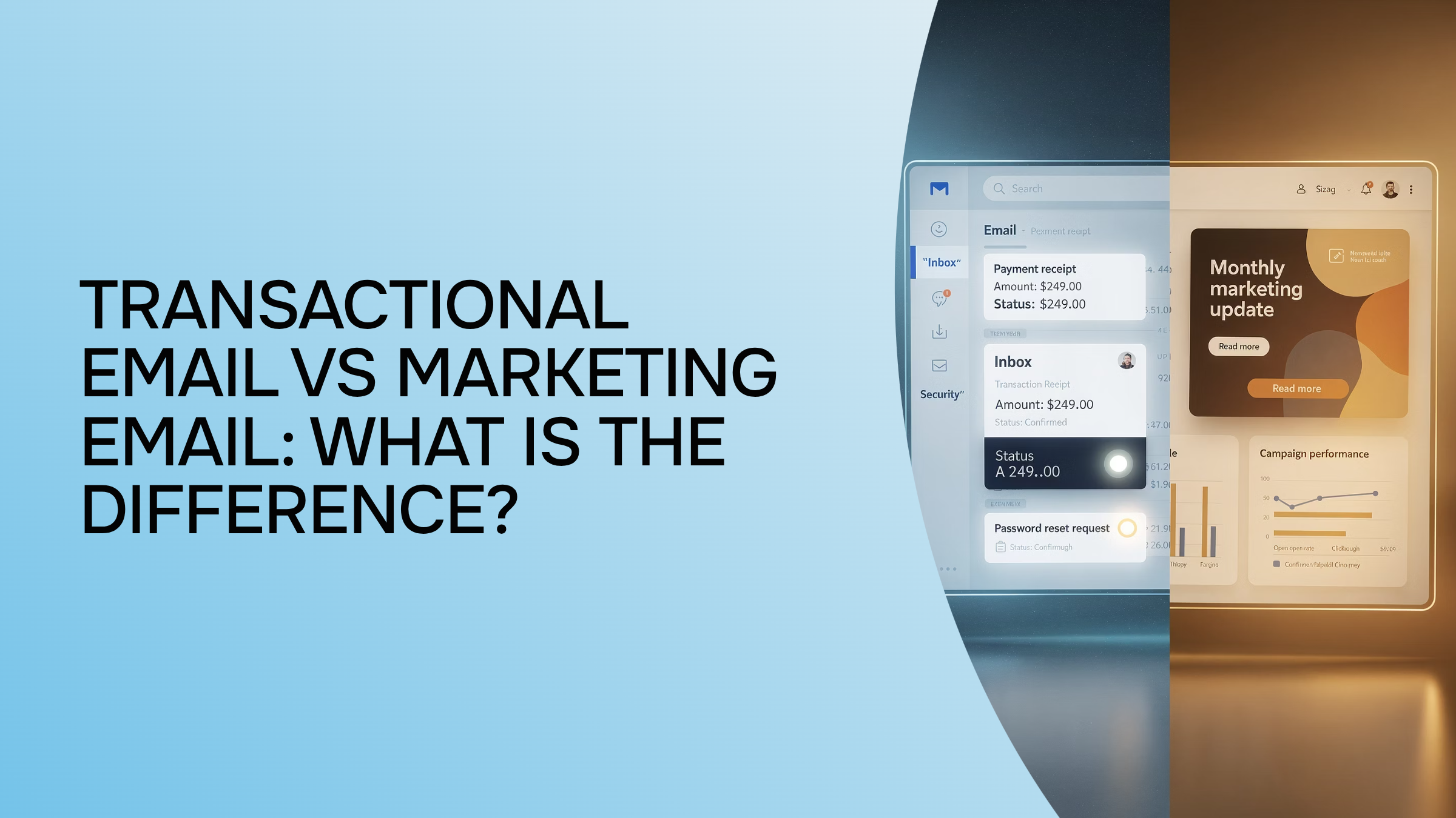 Split-screen comparison of transactional and marketing email types in modern 3D design