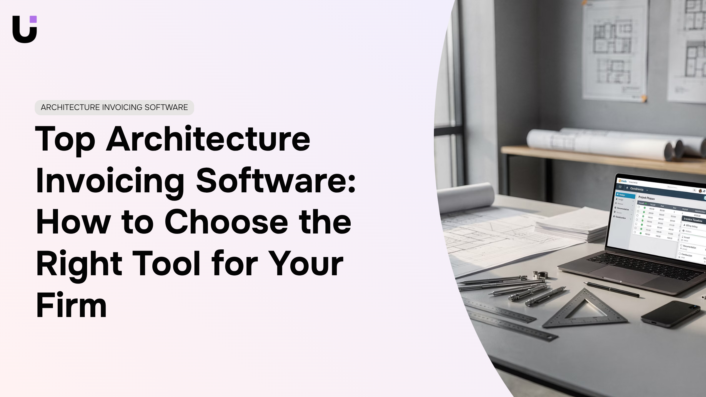 Modern workspace with laptop showing invoicing software, blueprints, and architectural tools in clean, professional setting