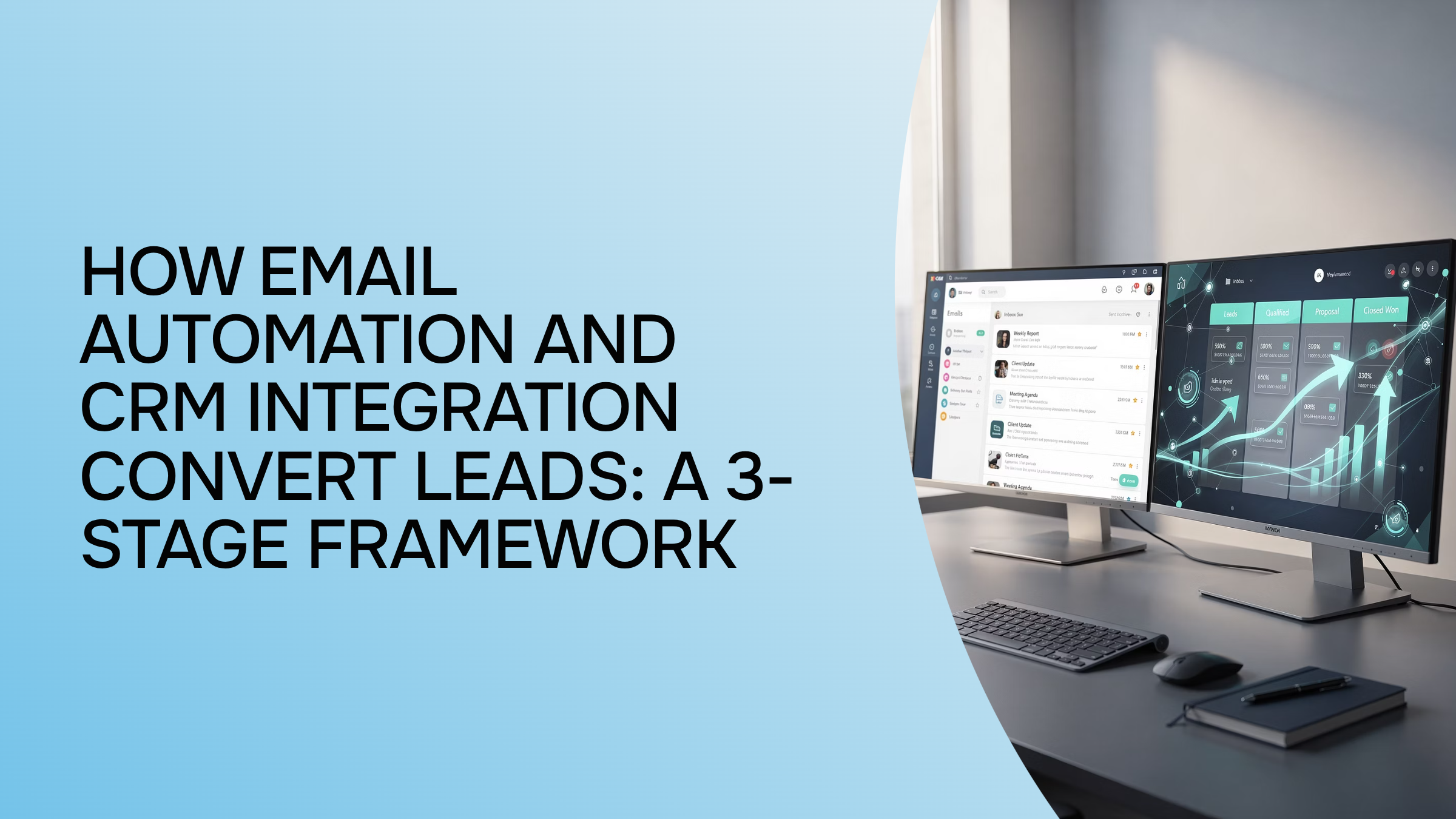 Digital workflow visualization showing three-stage email automation and CRM lead conversion framework with interconnected data streams