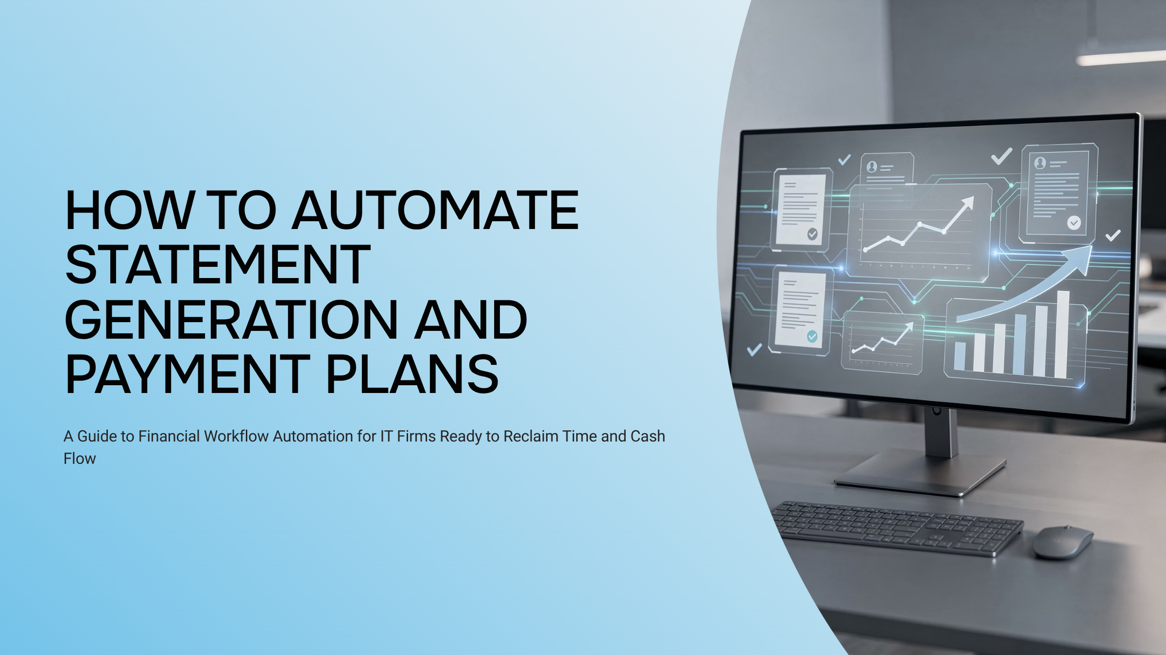 Modern 3D dashboard visualization of automated financial statement generation and payment plan processing with blue accents