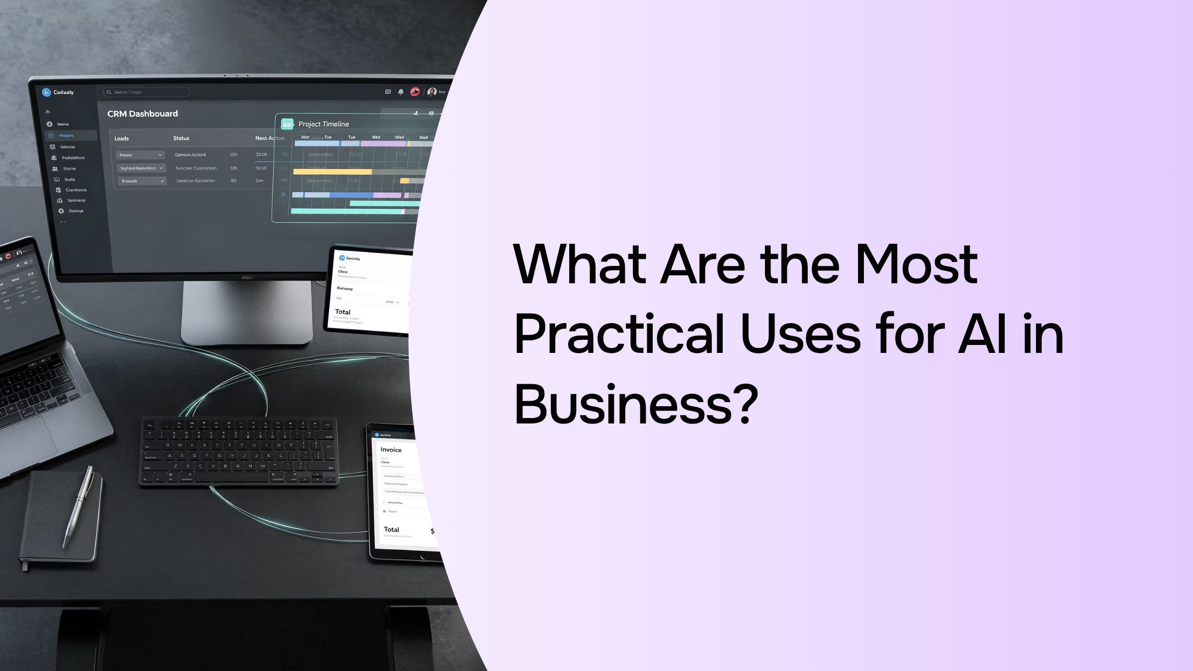Modern workspace with laptop, tablet, and data visualizations representing AI business applications