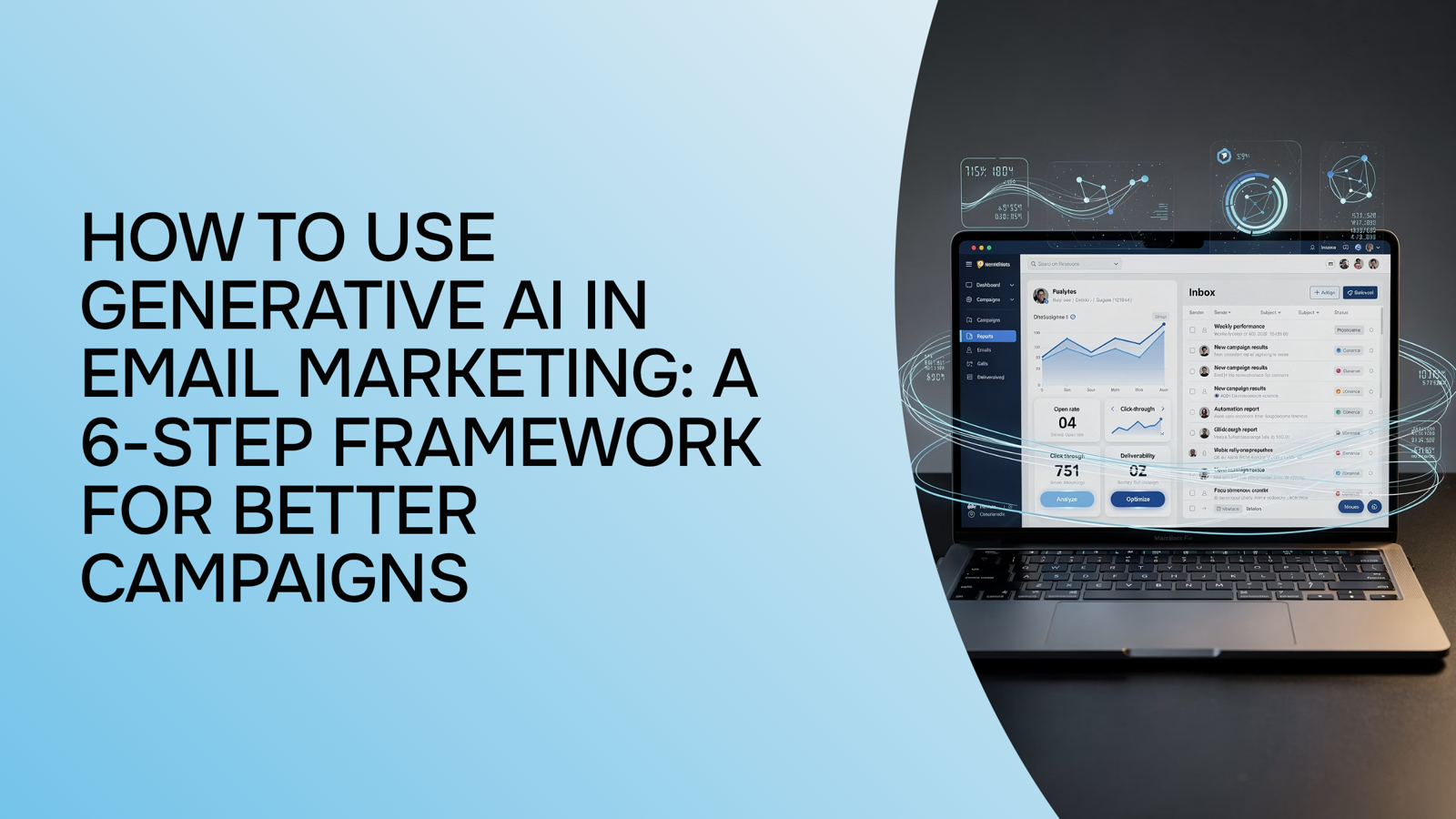 Modern workspace with glowing laptop displaying AI data streams and email automation workflows in sleek blue and silver tones