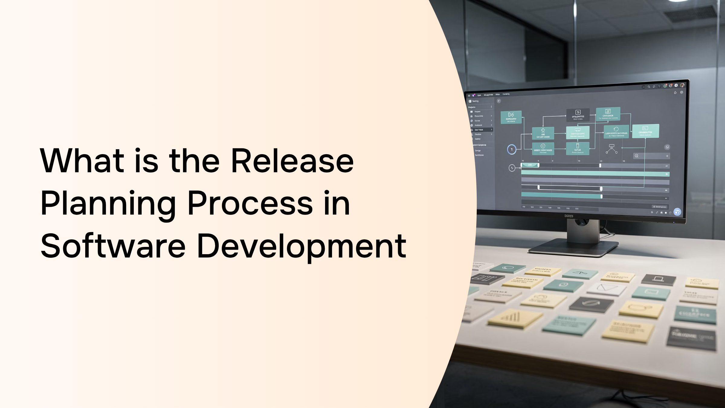Modern software release planning timeline visualization with milestone nodes and phase markers in professional corporate setting