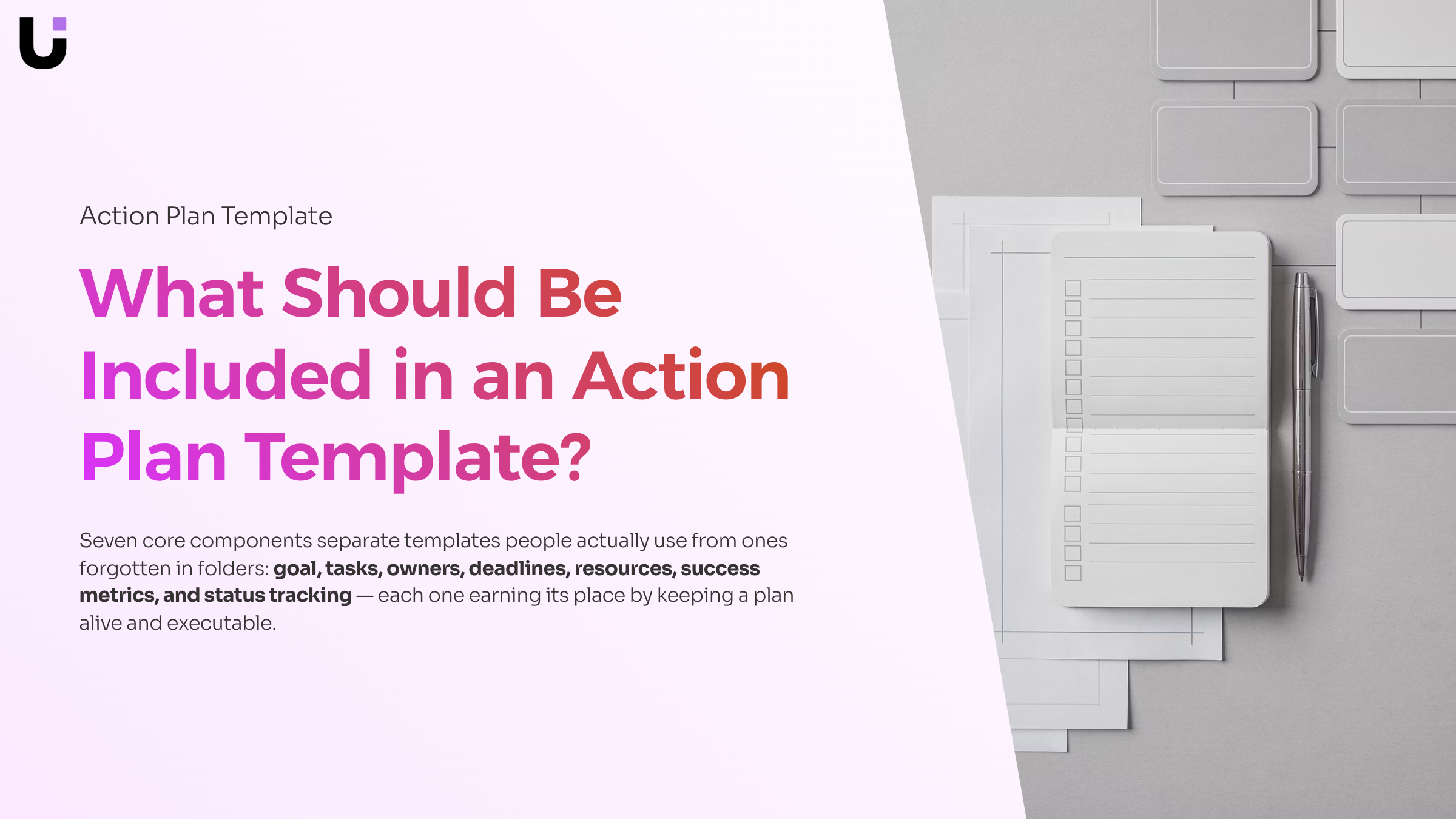 Organized action plan template with checklist, timeline, and strategic roadmap on clean professional desk