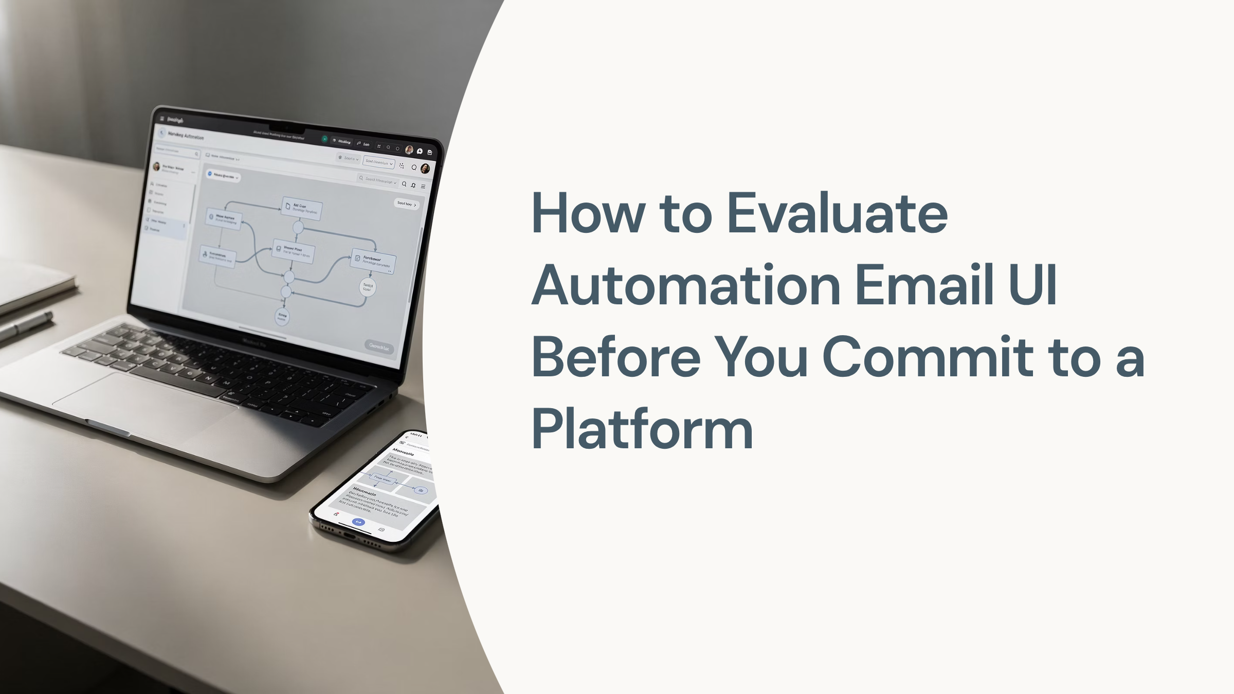 Professional workspace with modern email automation UI dashboard on monitor, representing platform evaluation strategy