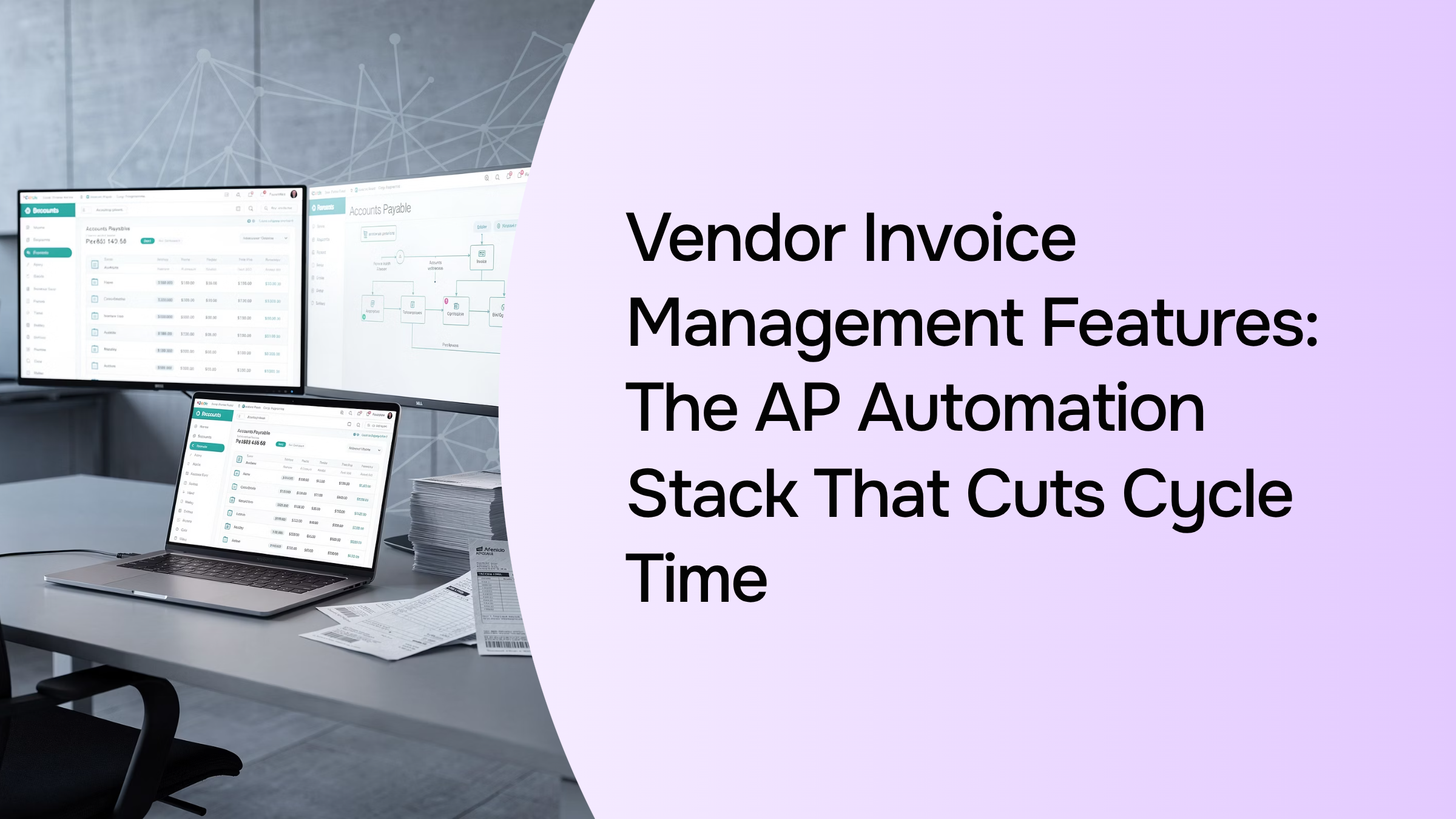 Modern invoice management dashboard on tablet amid organized office documents, representing AP automation efficiency