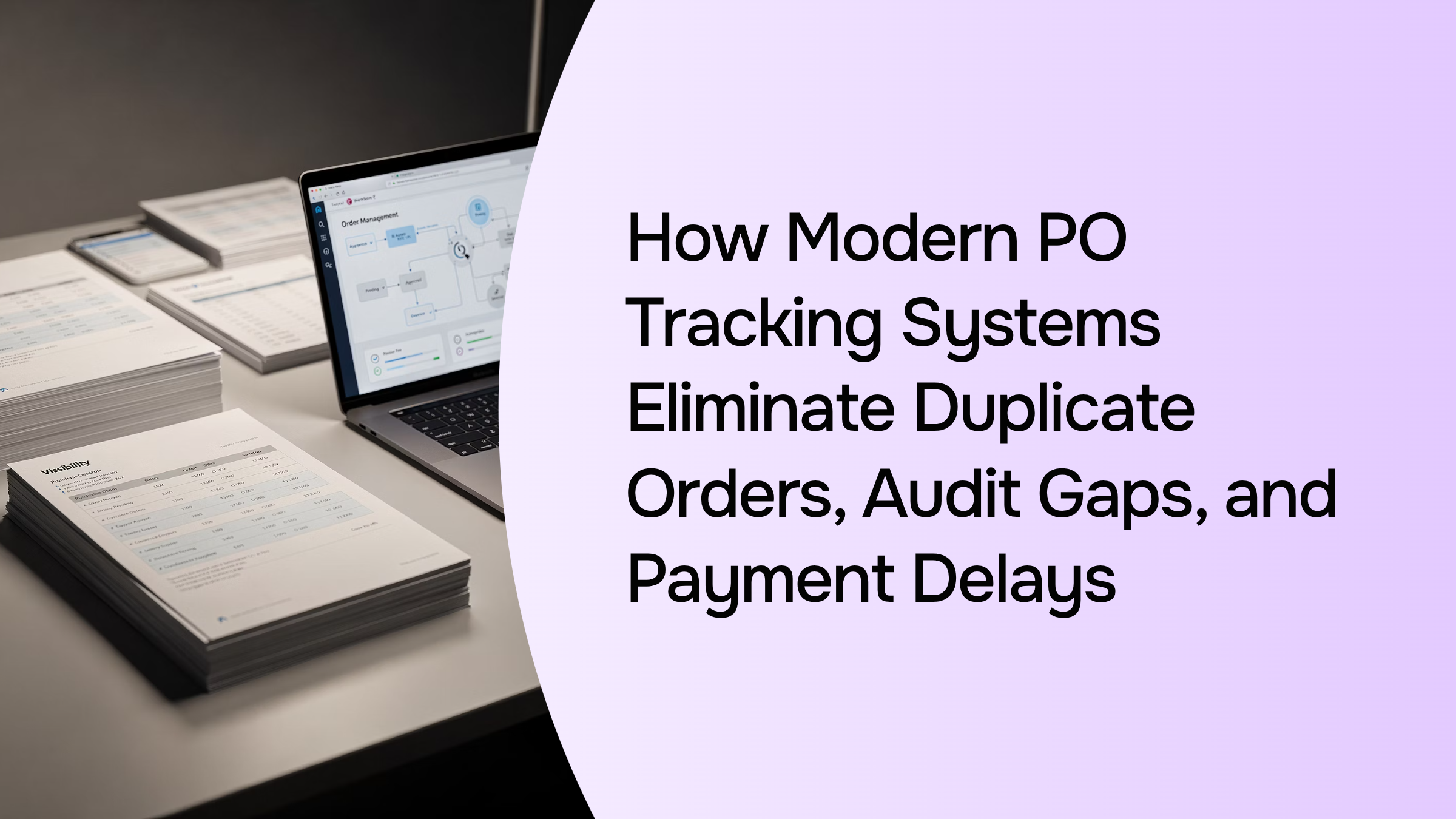 Modern office desk with laptop showing purchase order tracking dashboard and organized documents