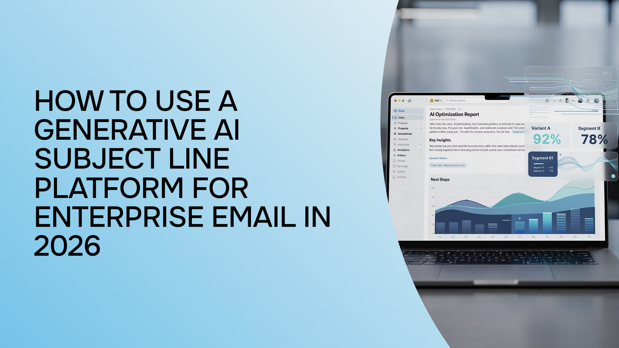 Modern office workspace with AI-powered email subject line interface and neural network visualization