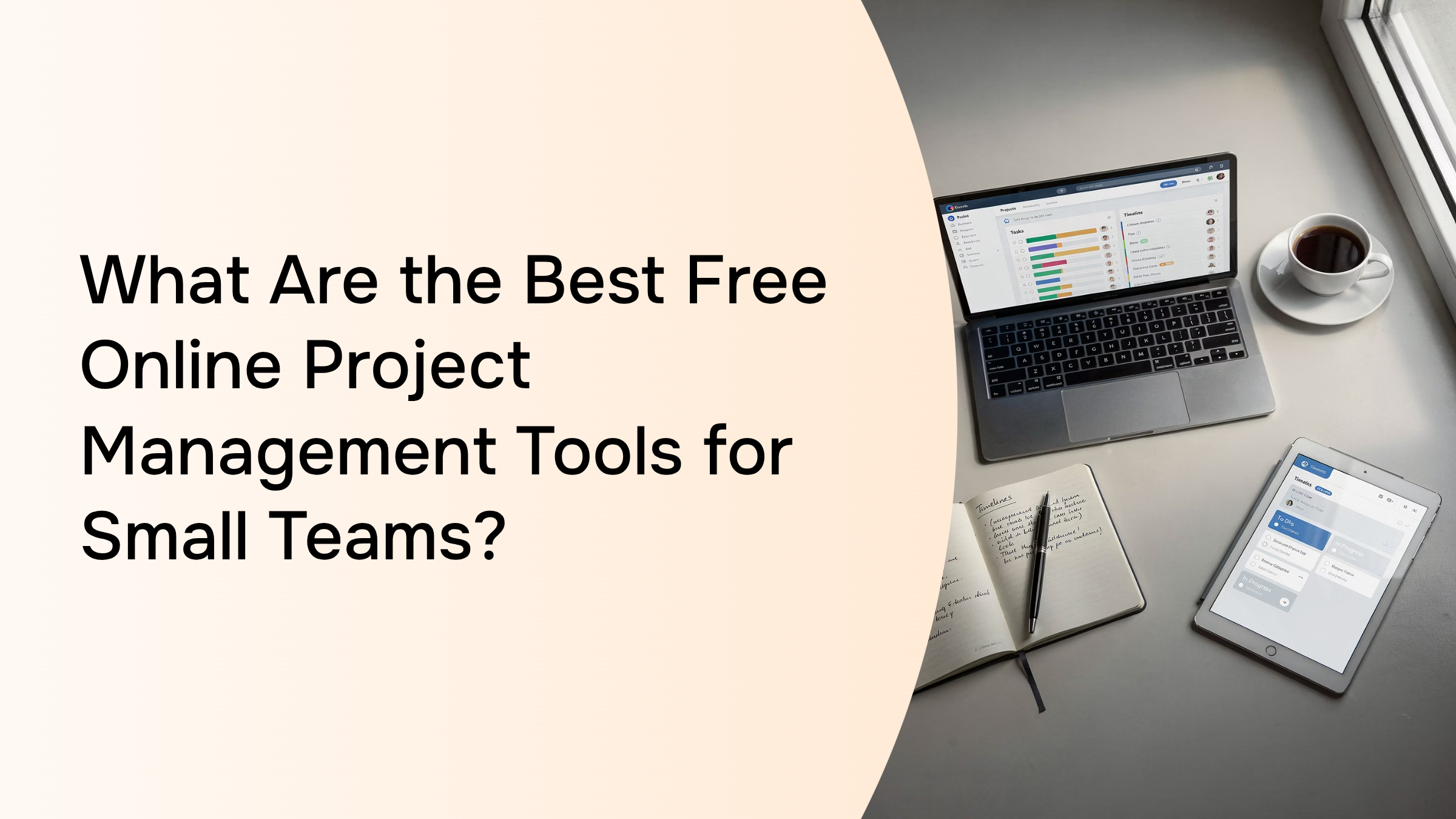 Clean modern workspace with laptop, tablet, and smartphone showing project management tools and team collaboration