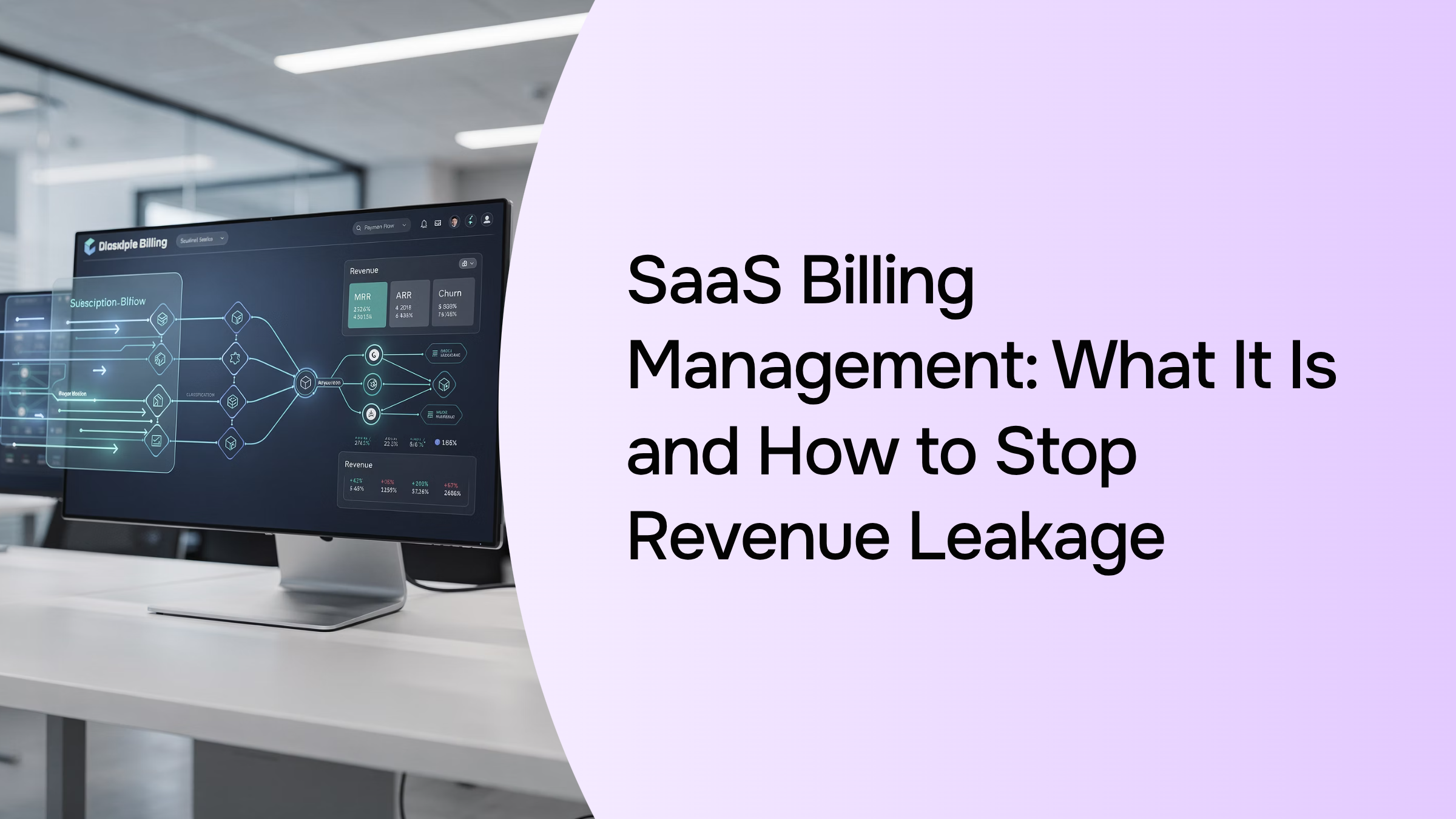 Modern 3D dashboard showing SaaS billing metrics, revenue graphs, and financial data management interface
