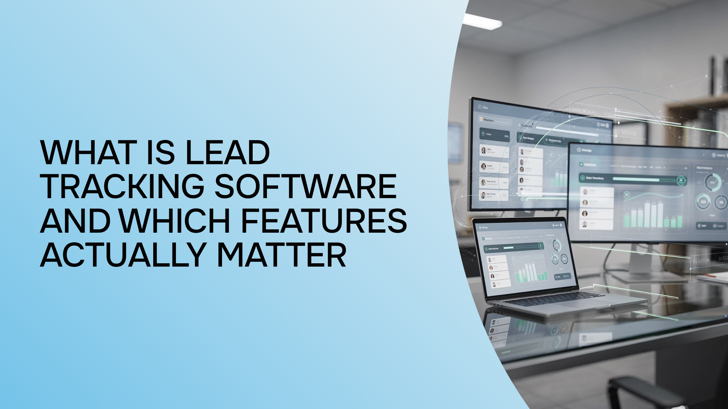 Modern workspace with laptop displaying lead tracking analytics dashboard and CRM interface on tablet
