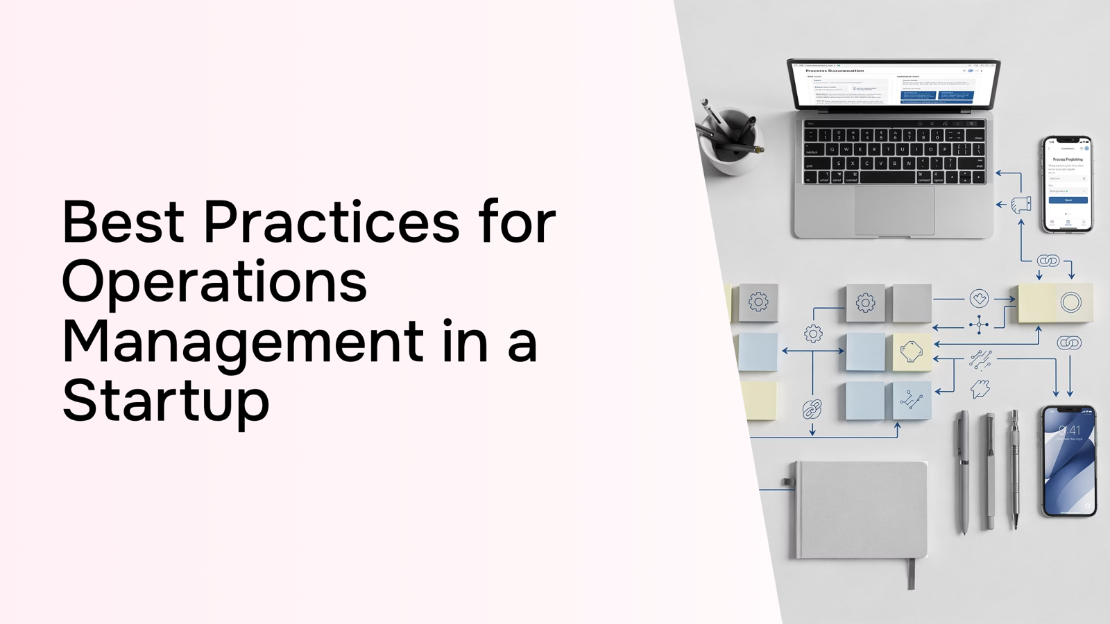 Organized workspace with analytics dashboard and workflow diagrams representing startup operations management best practices