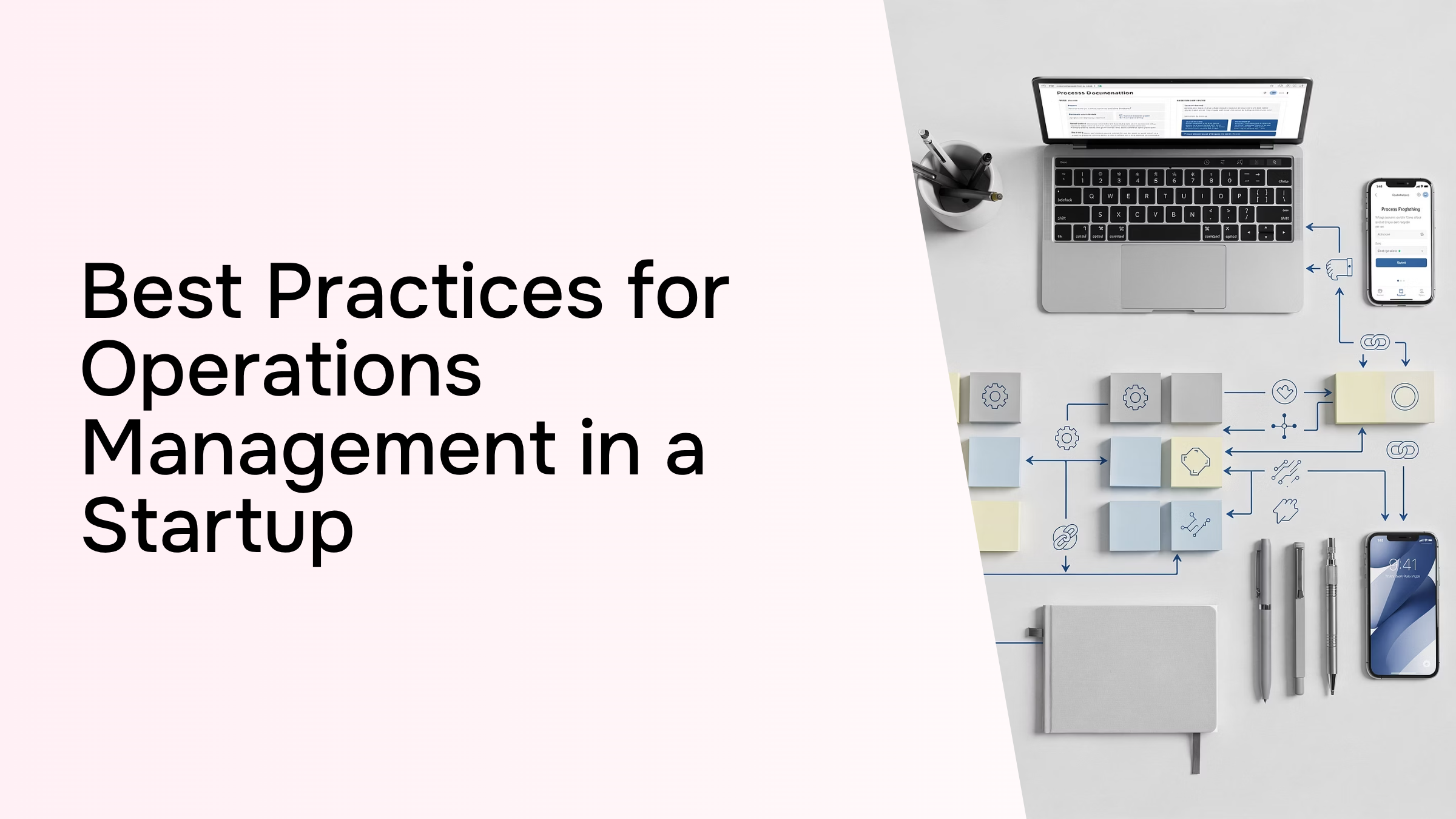 Organized workspace with analytics dashboard and workflow diagrams representing startup operations management best practices