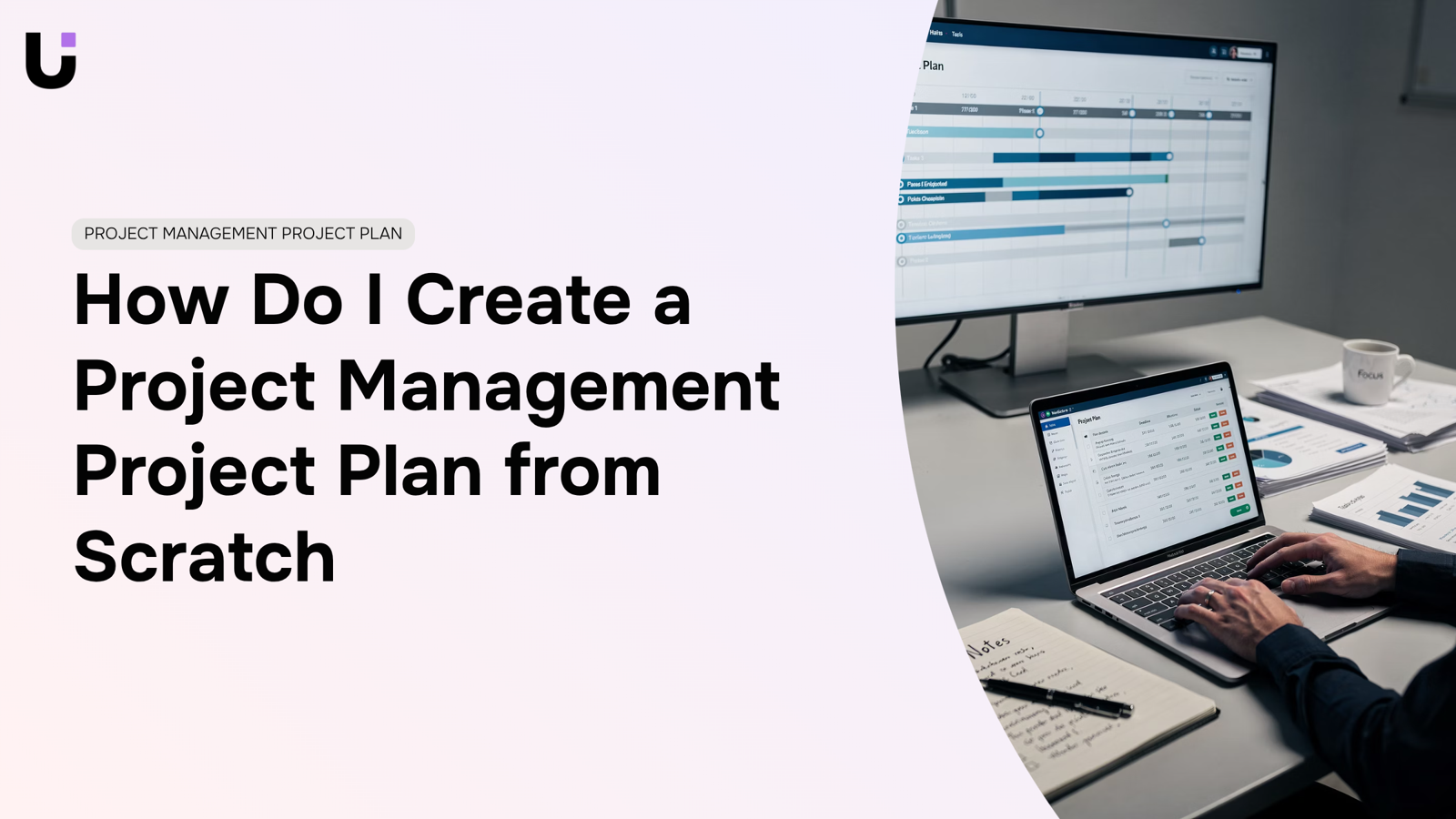 Organized project management workspace with tablet displaying gantt chart, planning tools, and structured blueprints in professional setting