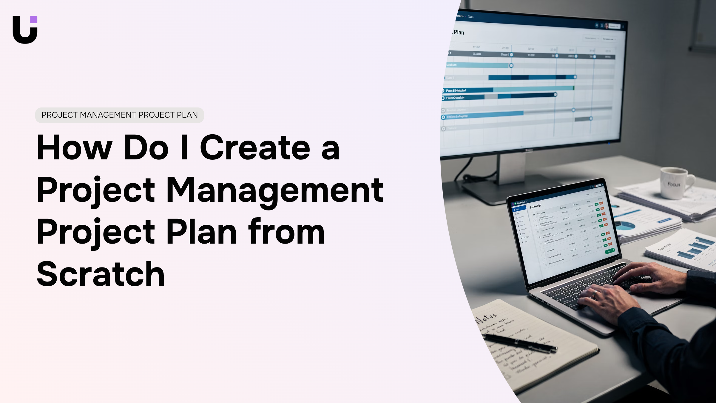 Organized project management workspace with tablet displaying gantt chart, planning tools, and structured blueprints in professional setting