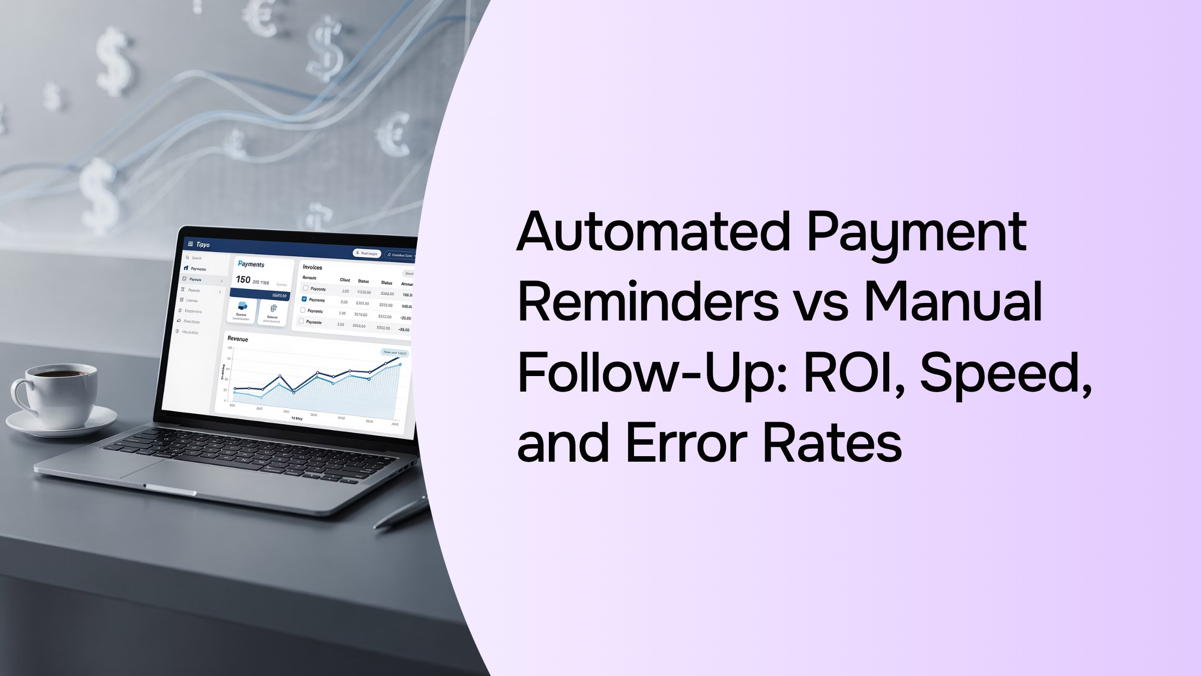 Split-screen comparison of automated payment system versus manual follow-up processes with efficiency metrics and workflow nodes