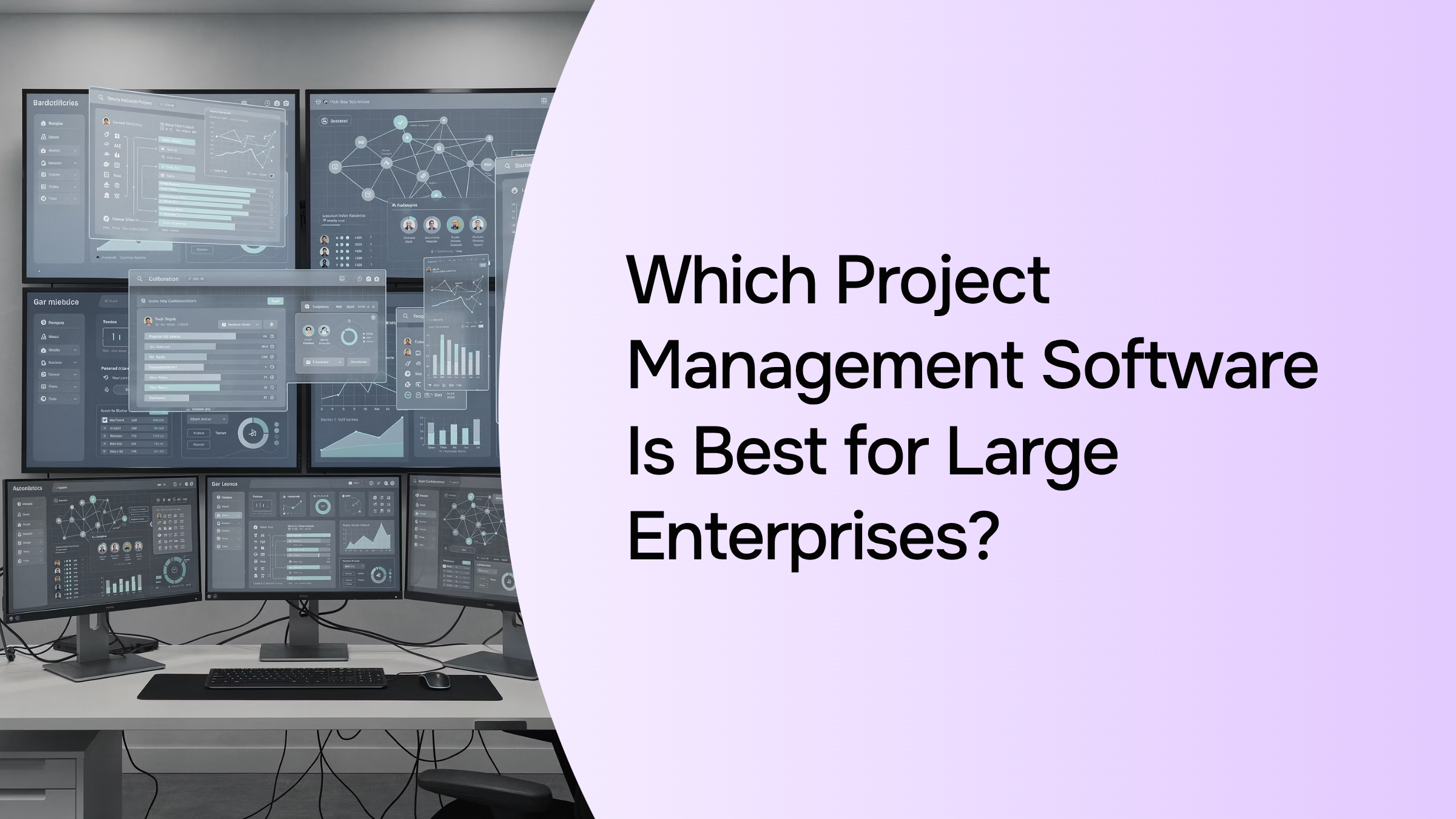 Modern workspace with multiple project management dashboards on screens, representing enterprise software solutions