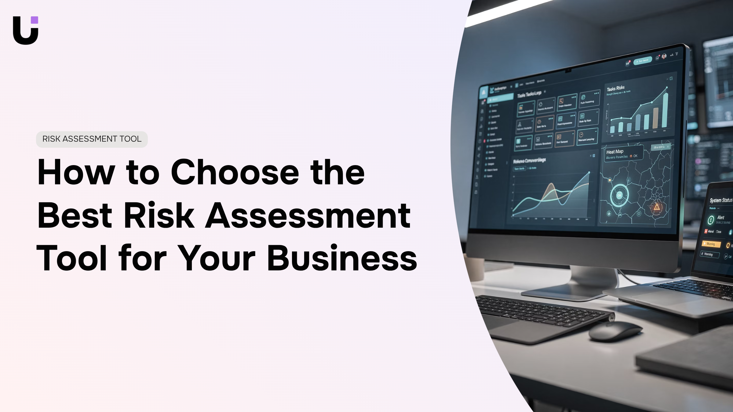 Modern corporate workspace with digital analytics dashboards displaying risk assessment data and business metrics