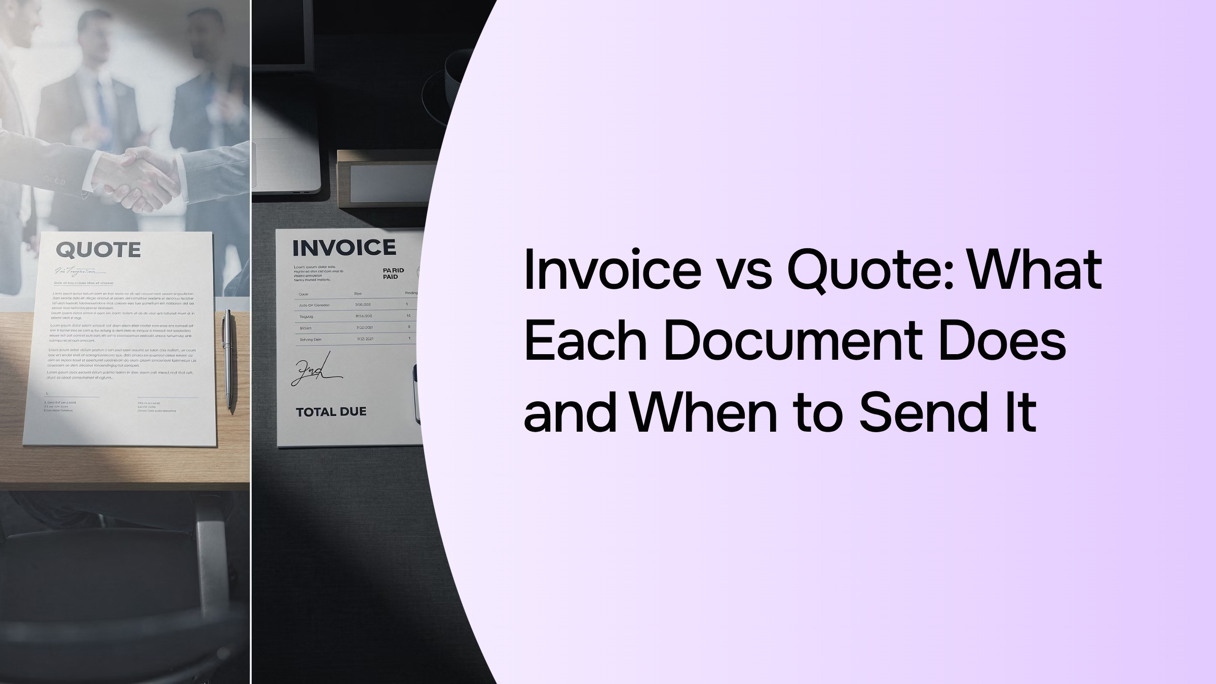 Professional 3D render comparing quote and invoice documents with icons and corporate styling