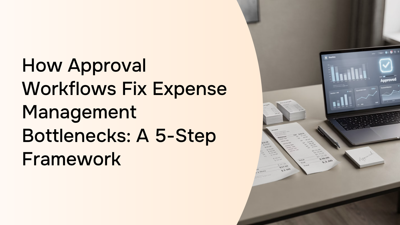 Modern office desk with laptop displaying approval workflow dashboard and organized documents in professional workspace