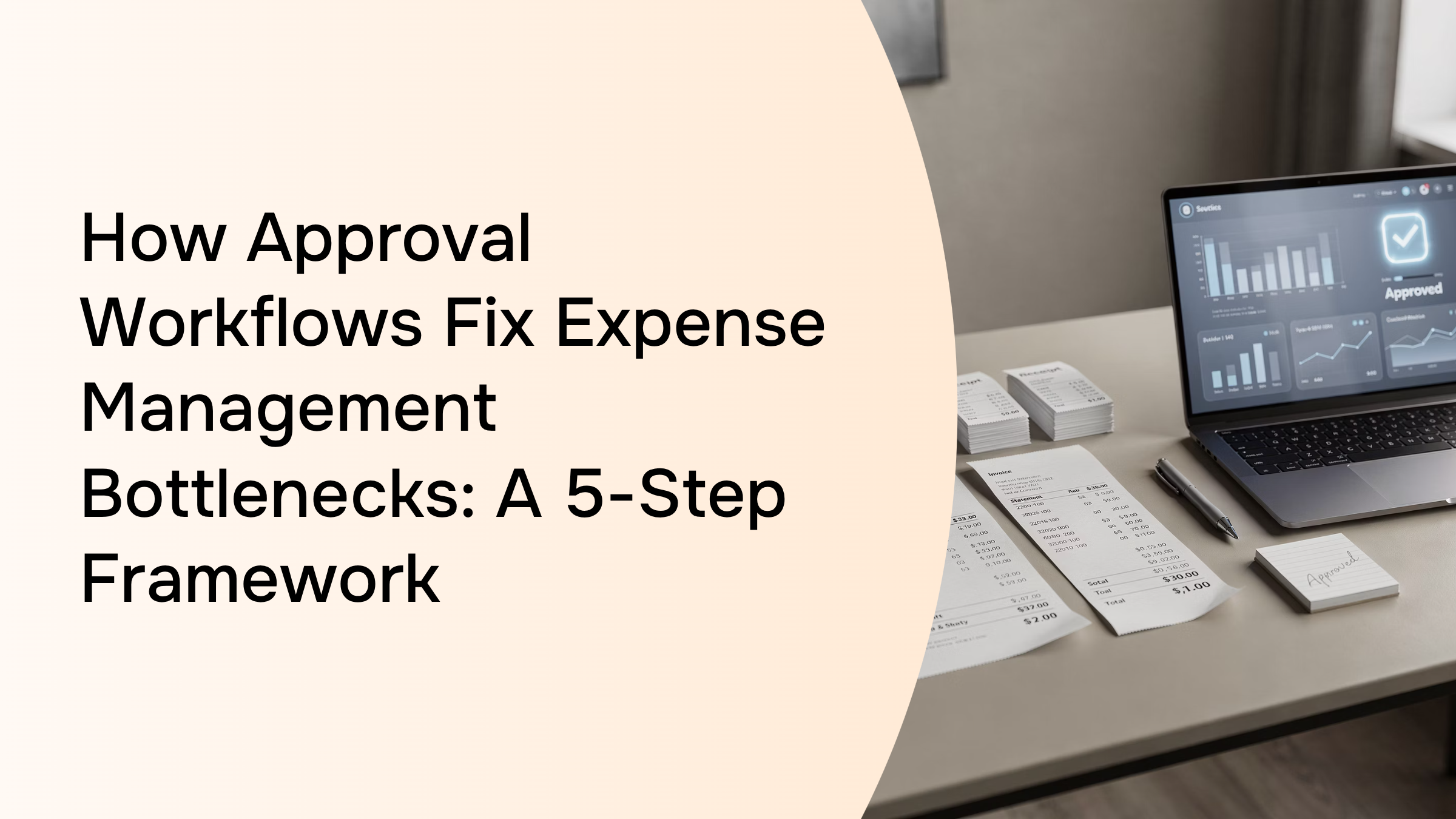 Modern office desk with laptop displaying approval workflow dashboard and organized documents in professional workspace