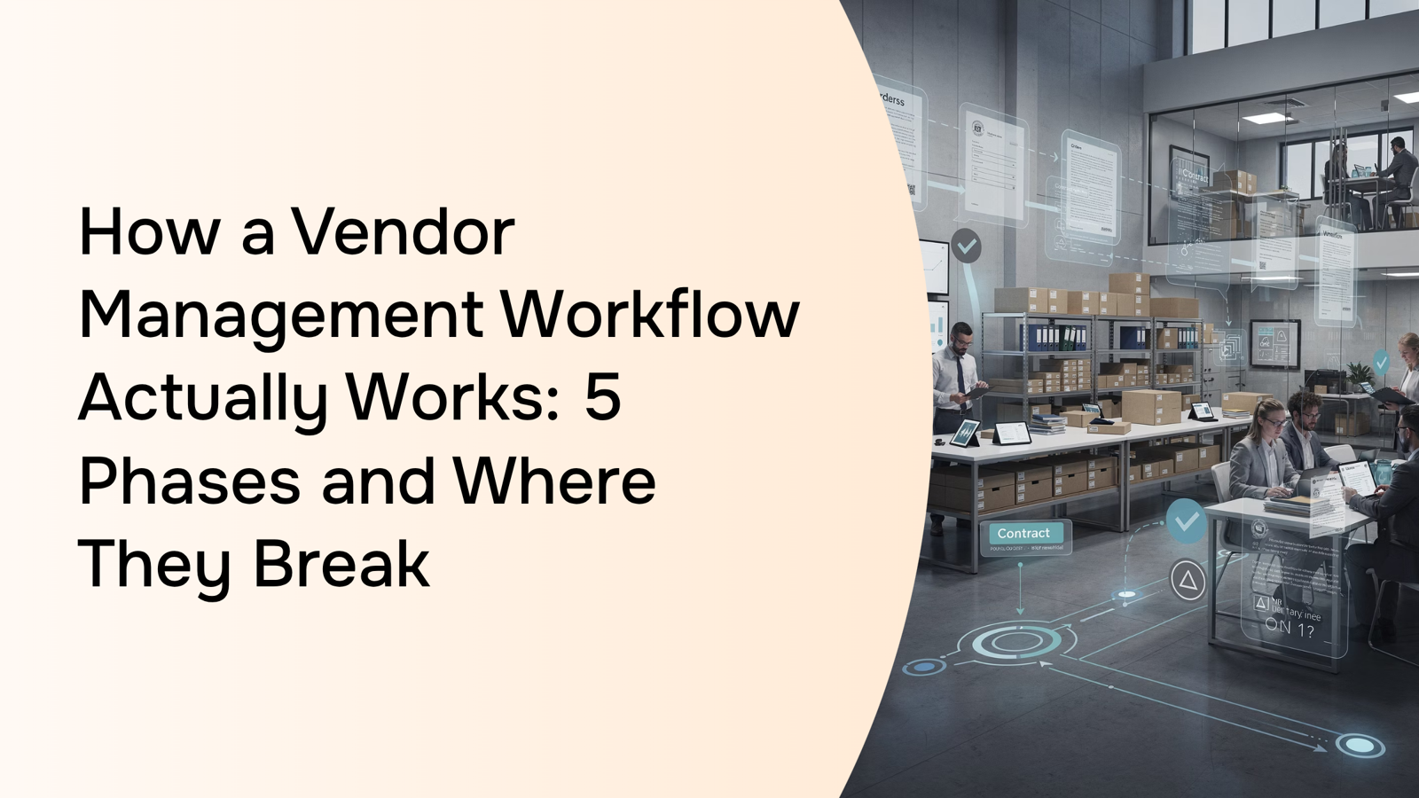 Five-phase vendor management workflow diagram with connected nodes on modern desktop, professional 3D render