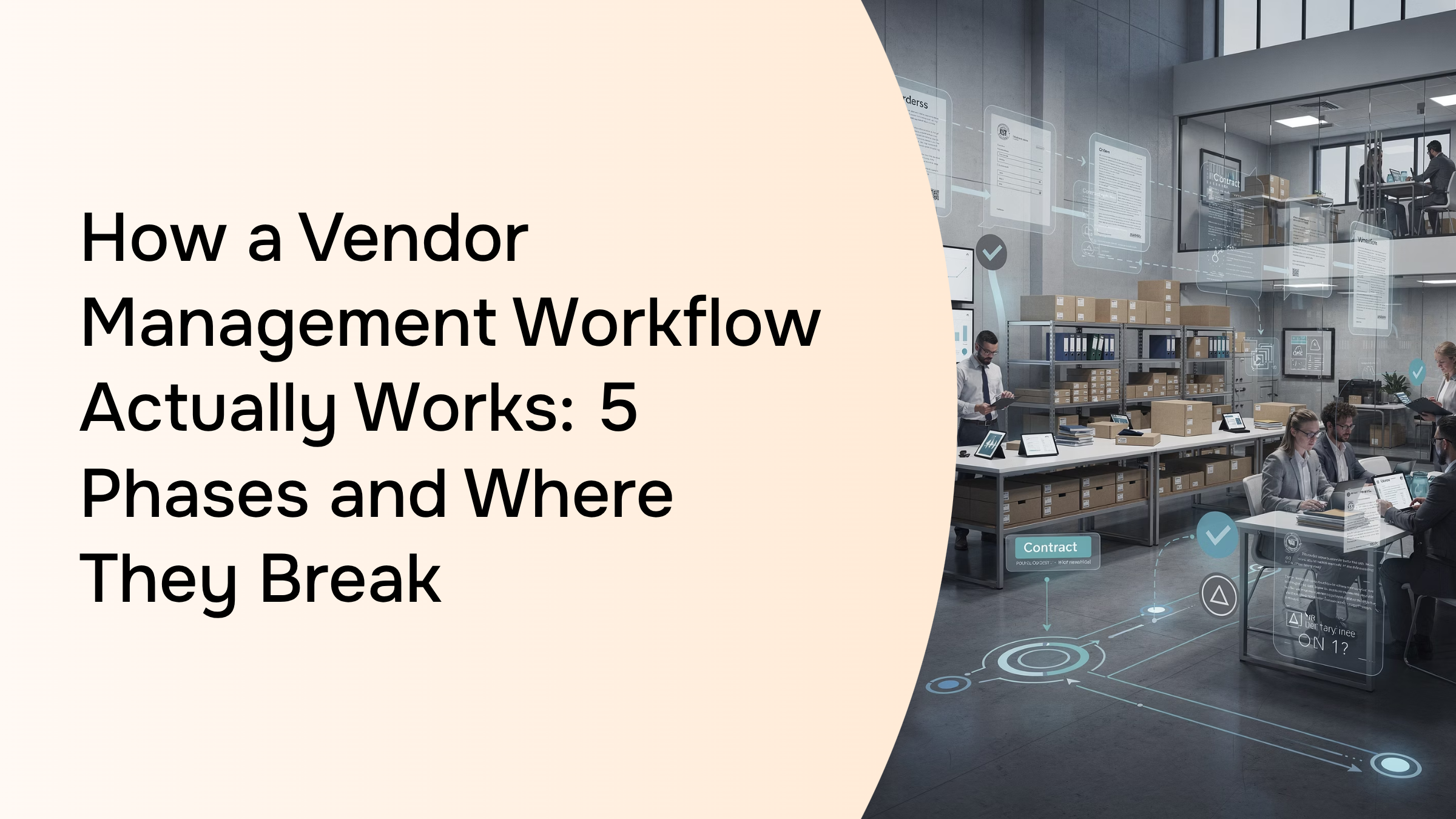 Five-phase vendor management workflow diagram with connected nodes on modern desktop, professional 3D render