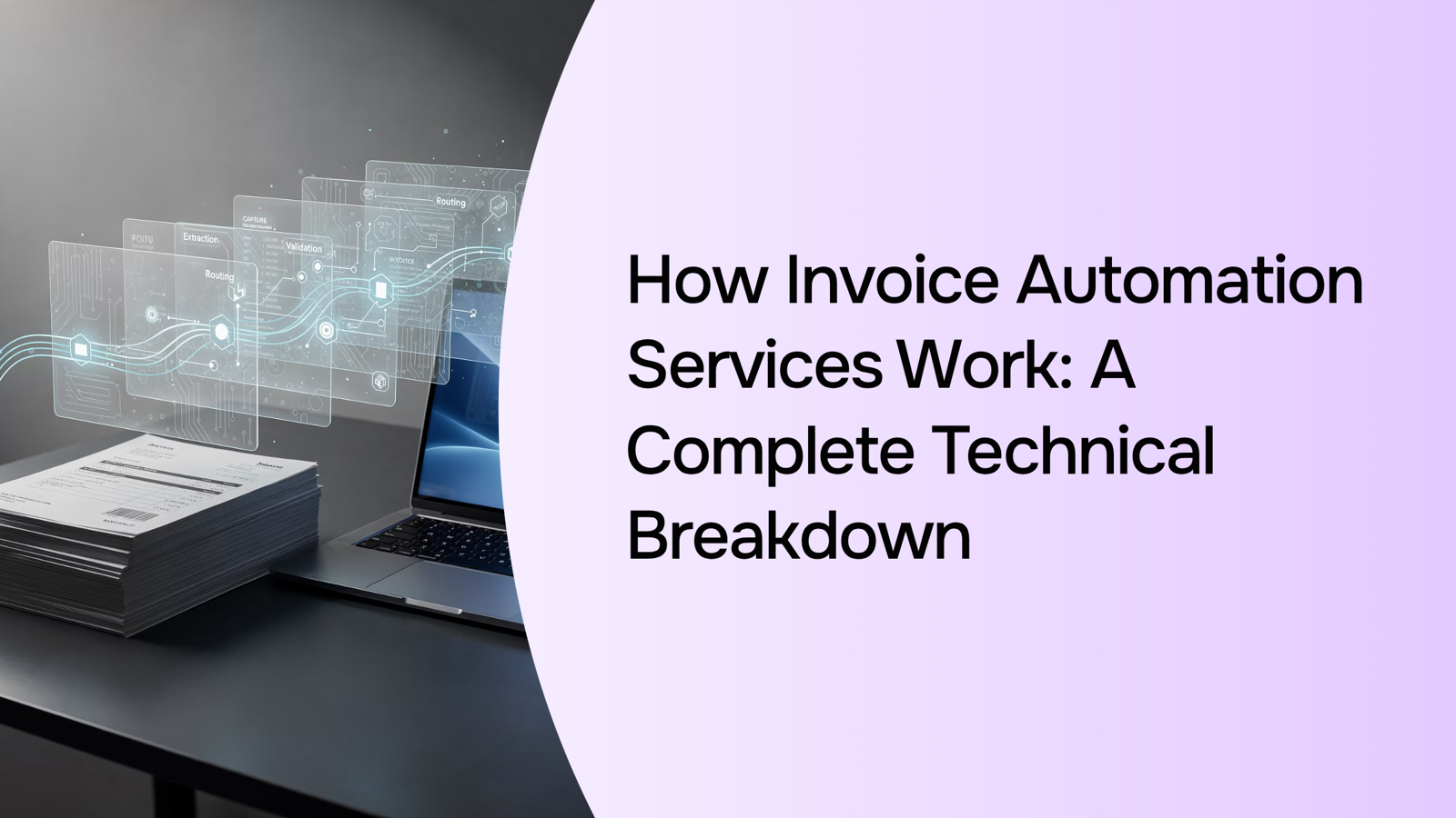 Digital invoice automation workflow with flowing data streams and interconnected nodes in blue and gray