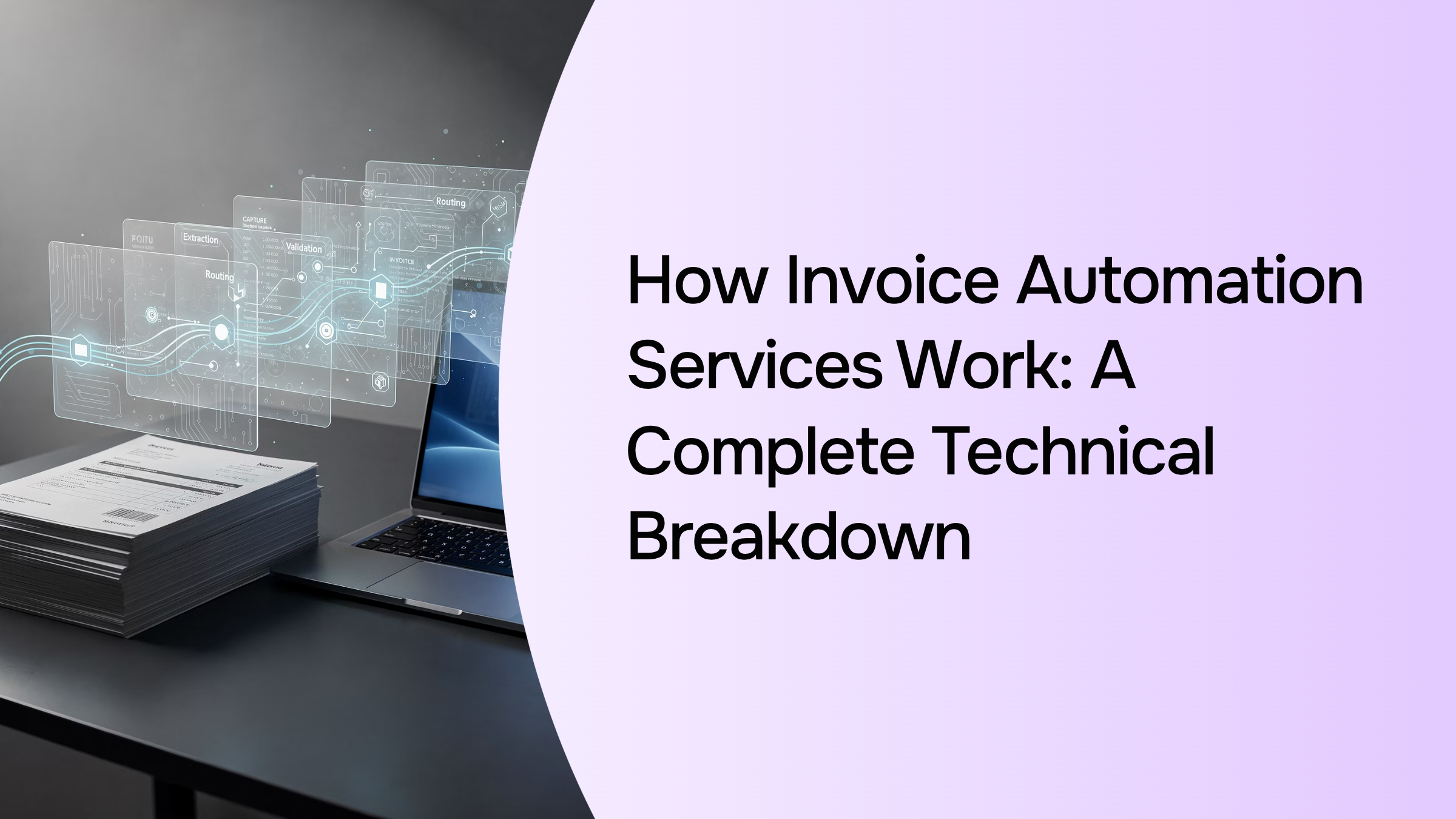 Digital invoice automation workflow with flowing data streams and interconnected nodes in blue and gray