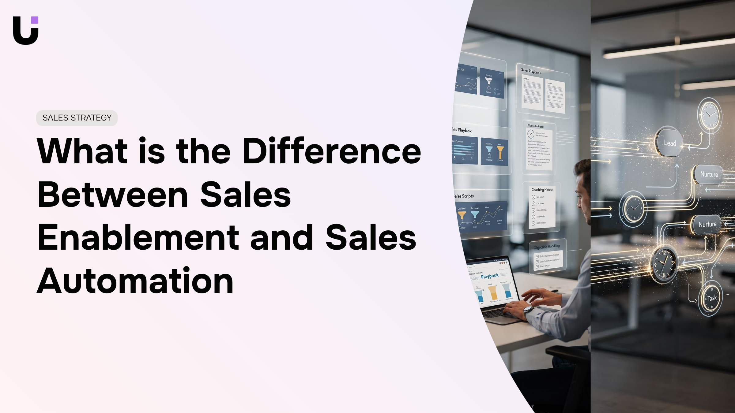 Split-screen professional visualization comparing sales enablement collaboration versus sales automation workflows in modern corporate setting