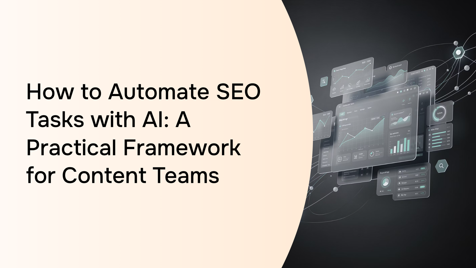 Modern workspace showing AI-automated SEO workflow with laptop, dashboard analytics, and interconnected data visualization