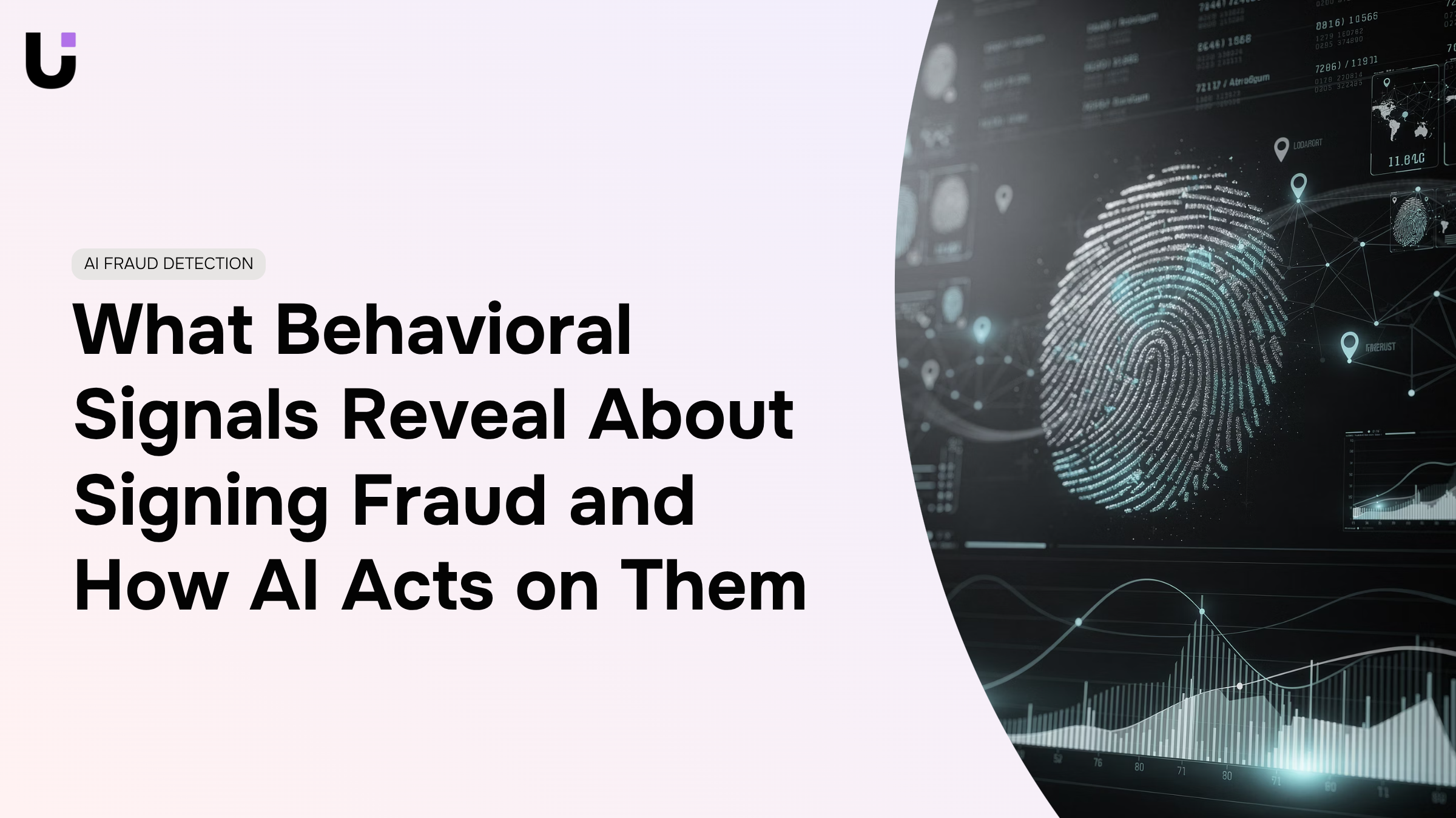 Digital interface displaying AI-powered behavioral analysis and fraud detection with blue data streams and security elements