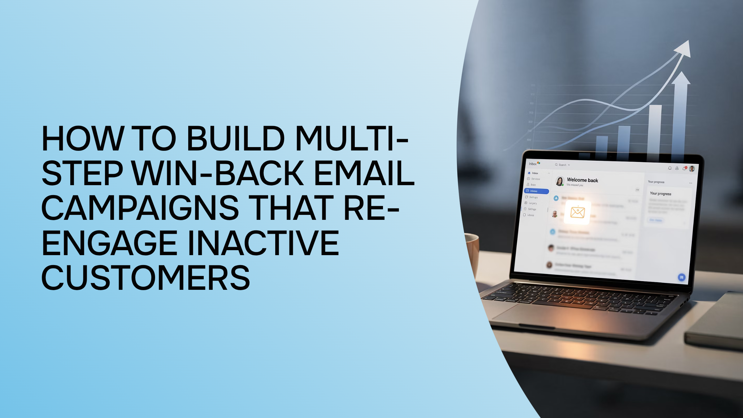 Professional email marketing dashboard showing multi-step campaign workflow on monitor with geometric elements