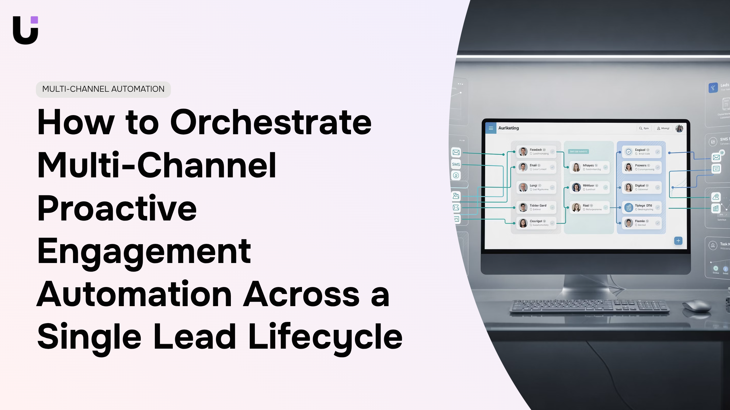 Multi-channel engagement automation network visualization with interconnected communication nodes flowing into customer lifecycle hub