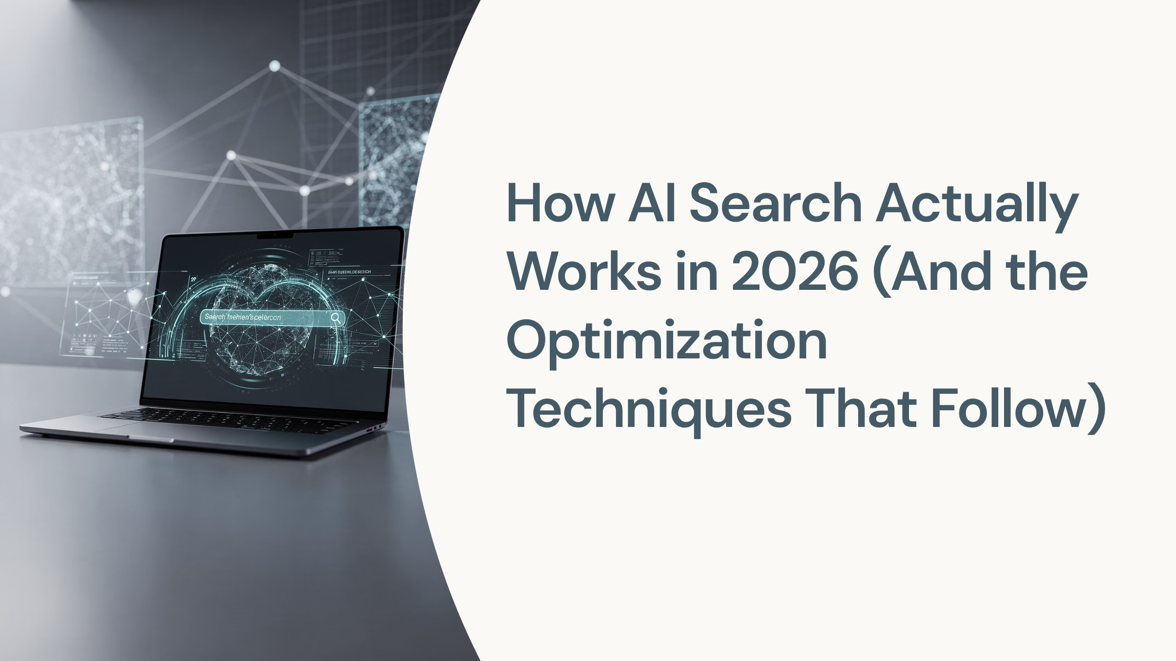 Abstract AI network visualization with glowing nodes and data pathways representing search optimization technology