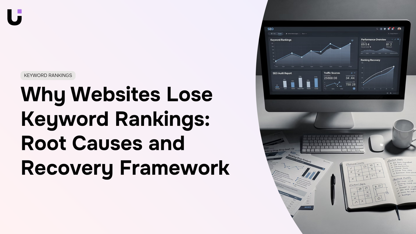 Professional 3D illustration showing downward trending graph with SEO analysis tools and magnifying glass examining keyword ranking factors