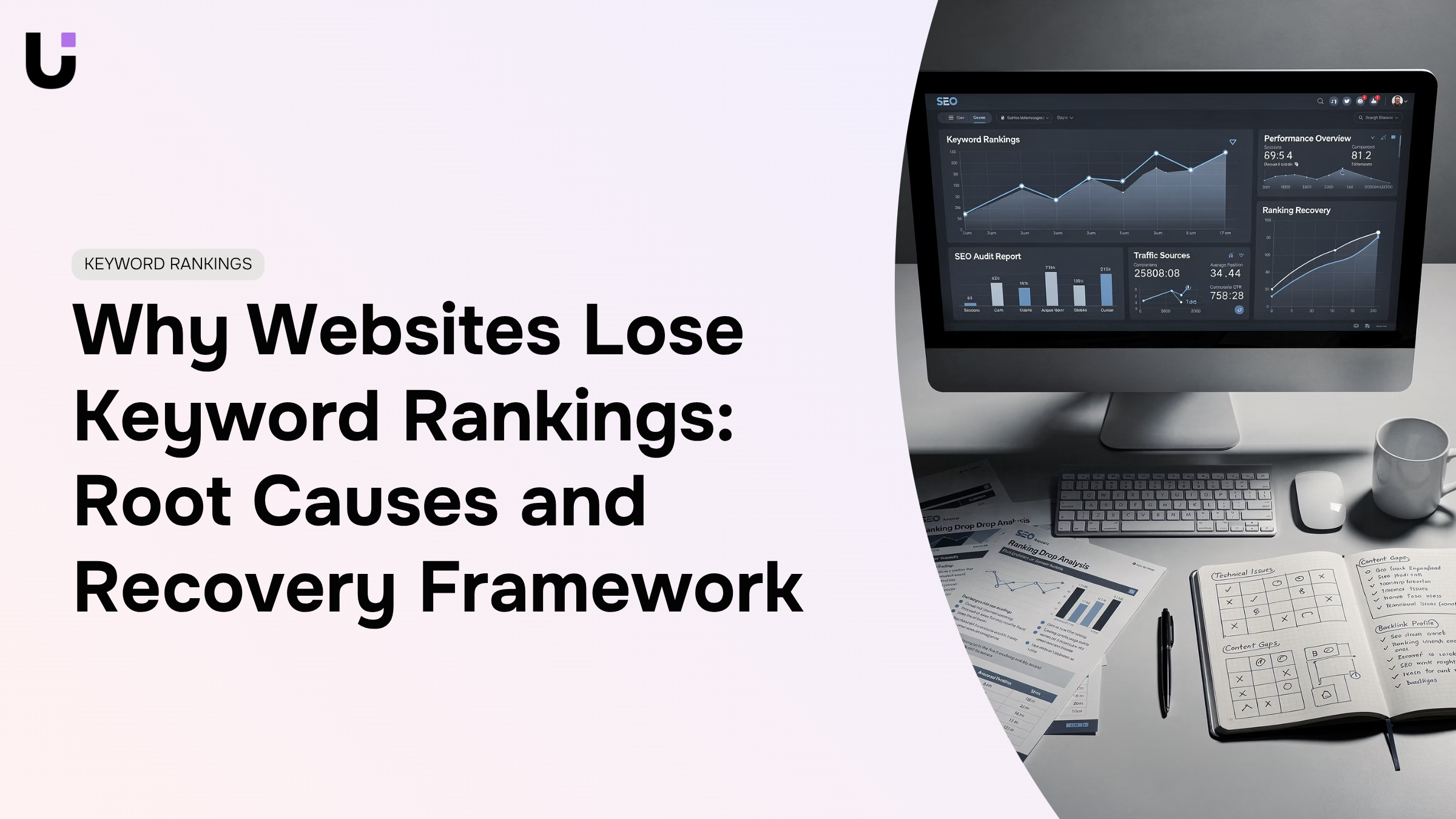 Professional 3D illustration showing downward trending graph with SEO analysis tools and magnifying glass examining keyword ranking factors