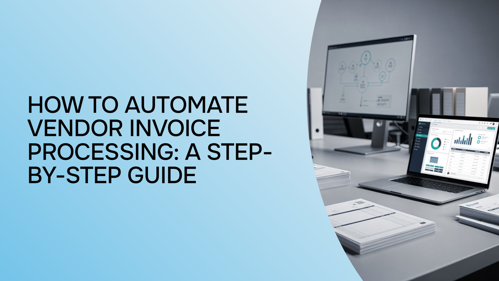 Digital invoice automation workflow with data streams and processing icons on gradient background