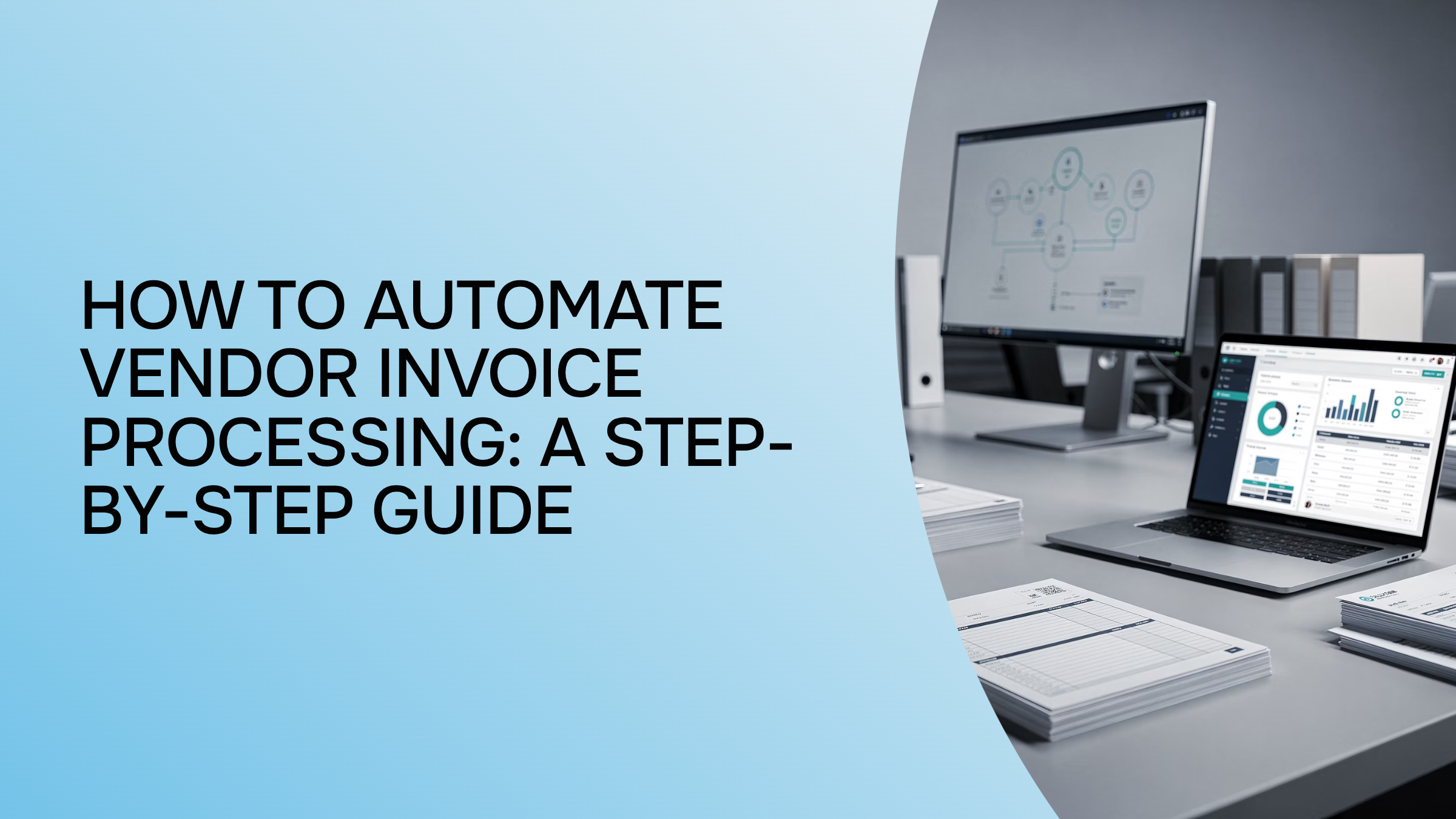 Digital invoice automation workflow with data streams and processing icons on gradient background
