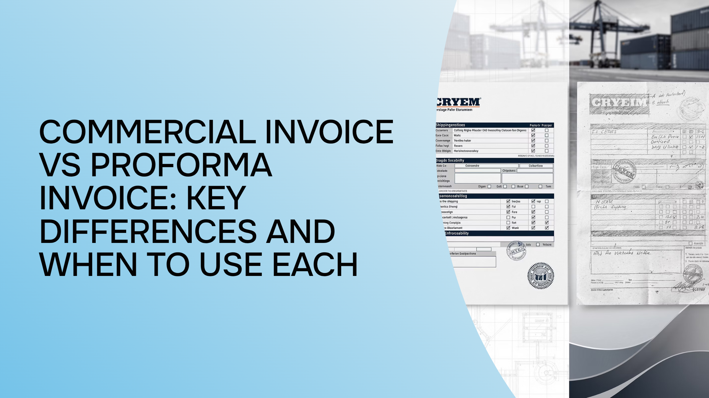 Professional side-by-side comparison of commercial and proforma invoices on desk with office supplies