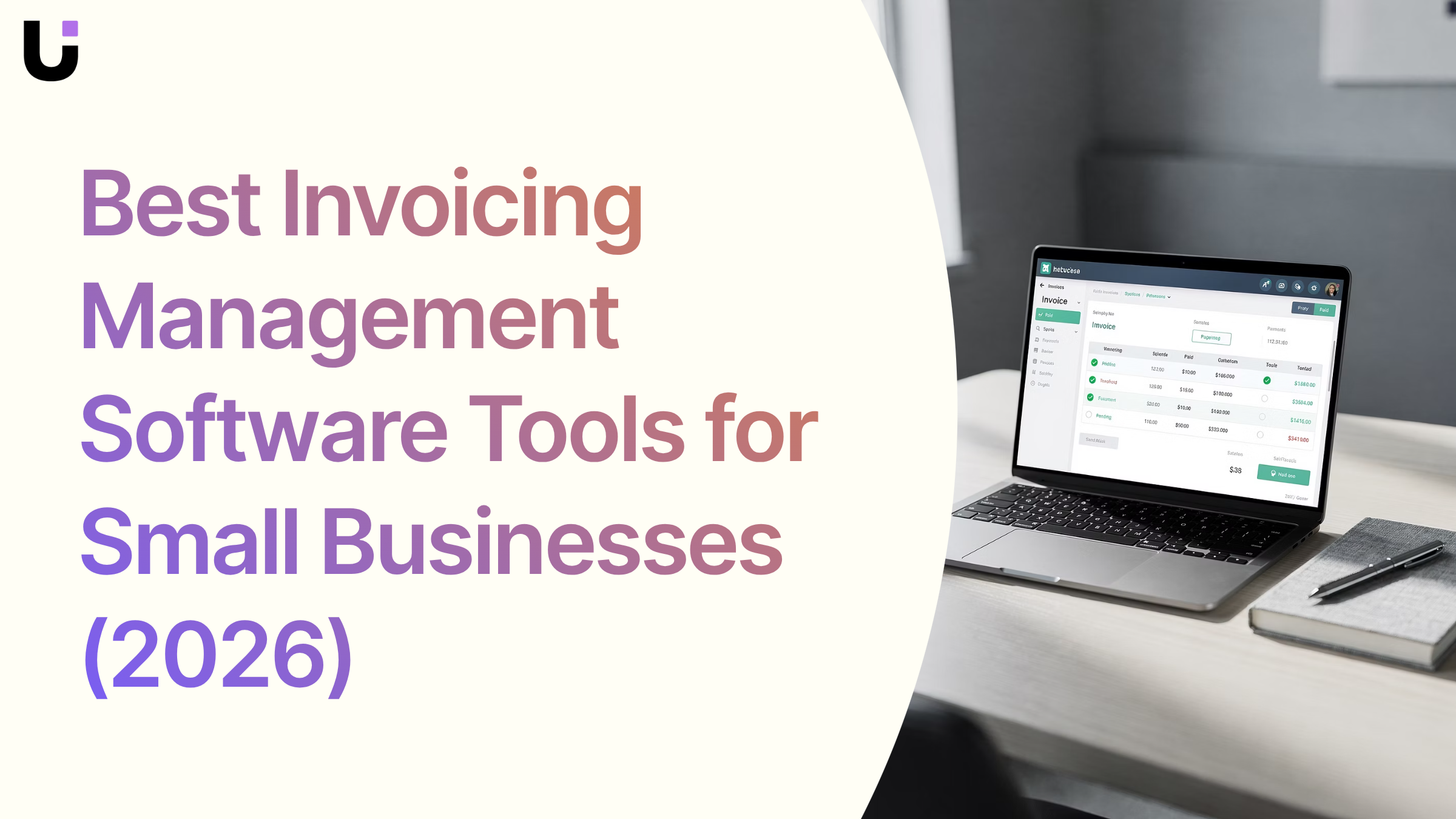 Modern 3D workspace with laptop showing financial dashboards and organized invoicing documents representing business management software
