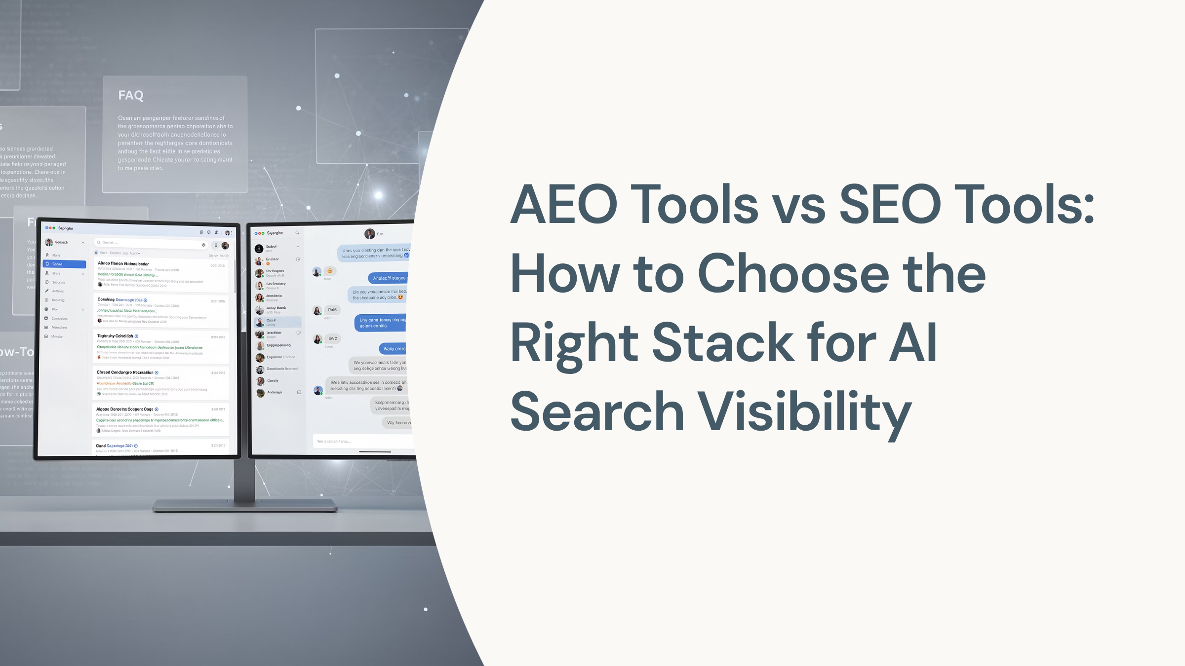 Modern digital workspace comparing AEO and SEO tools with balanced visualization panels in professional blue and gray tones