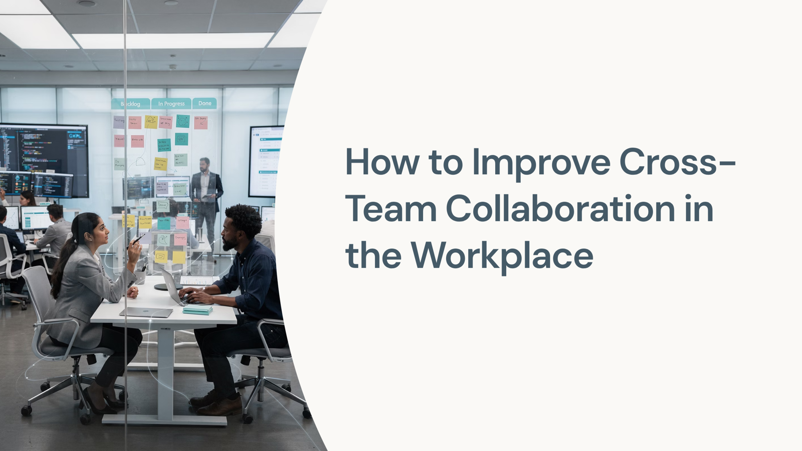 Modern workplace with diverse team collaborating around digital interfaces and connected data visualization