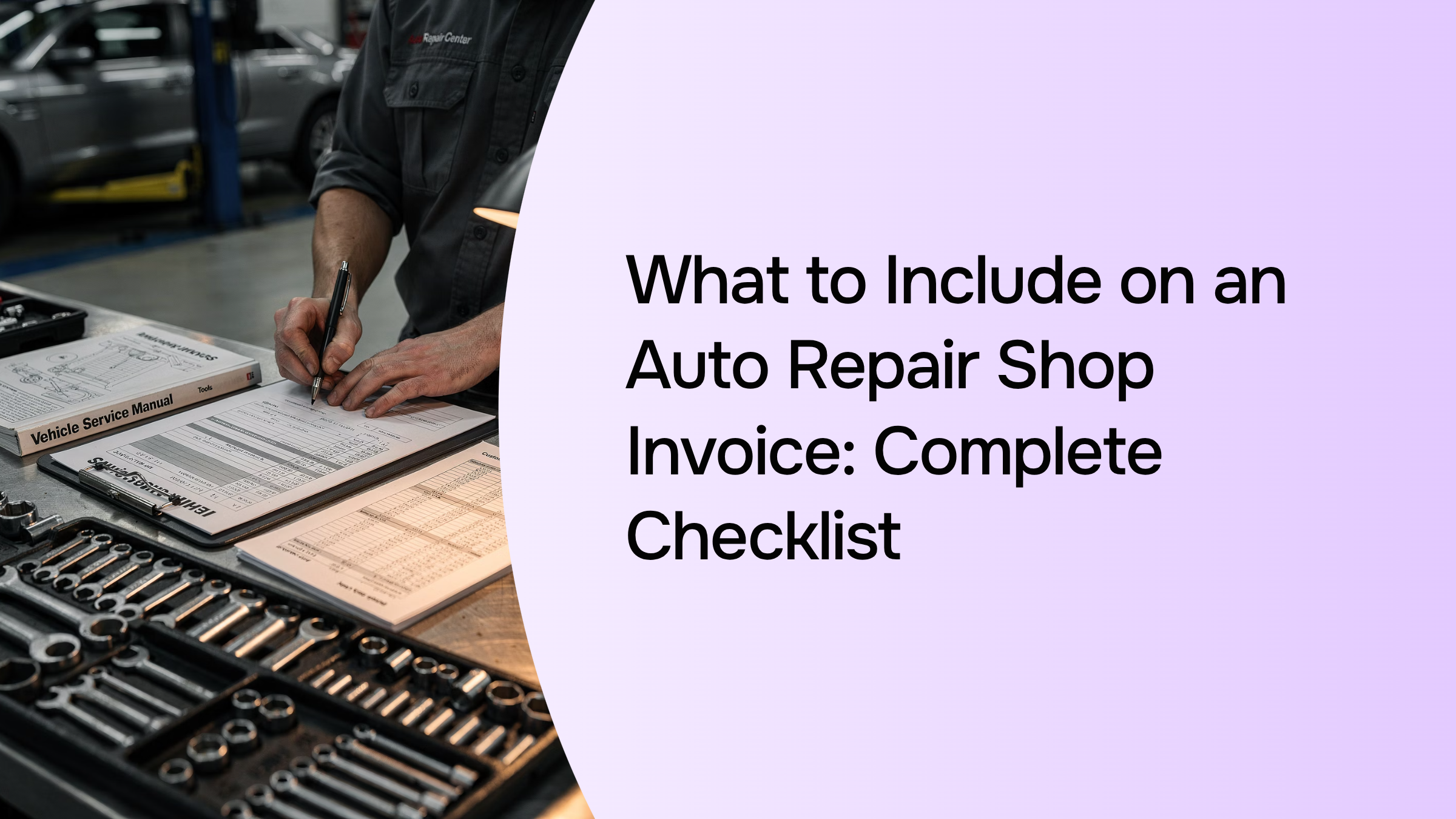 Professional auto repair invoice document on organized desk workspace with precision tools and checklist