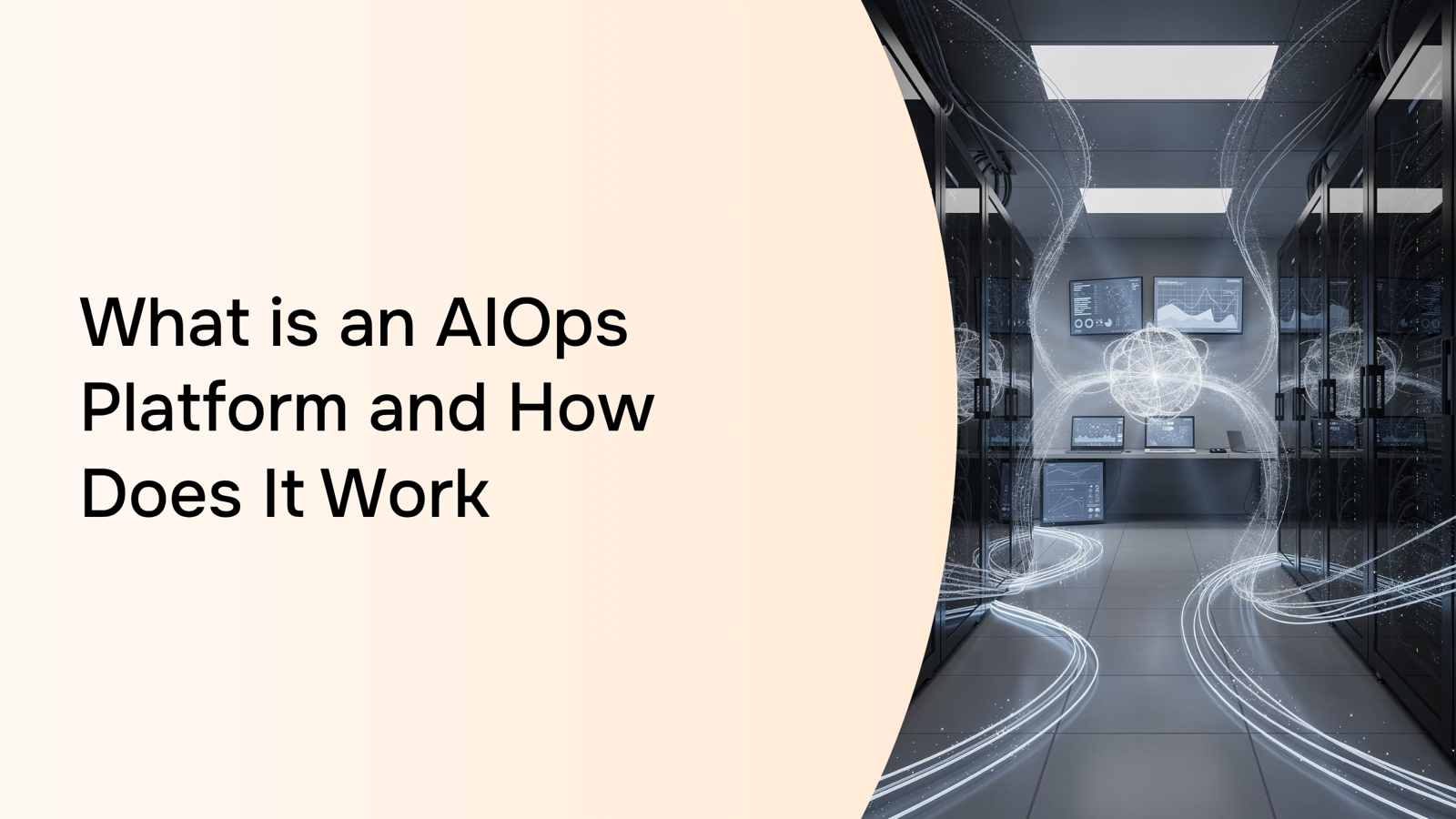 Abstract 3D visualization of interconnected network nodes representing AIOps platform data monitoring and automation