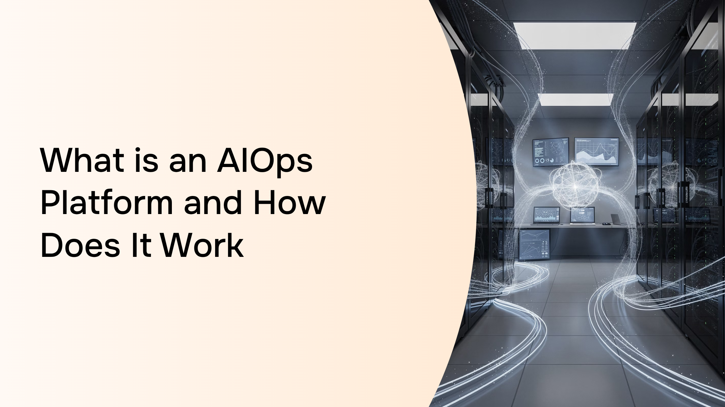 Abstract 3D visualization of interconnected network nodes representing AIOps platform data monitoring and automation