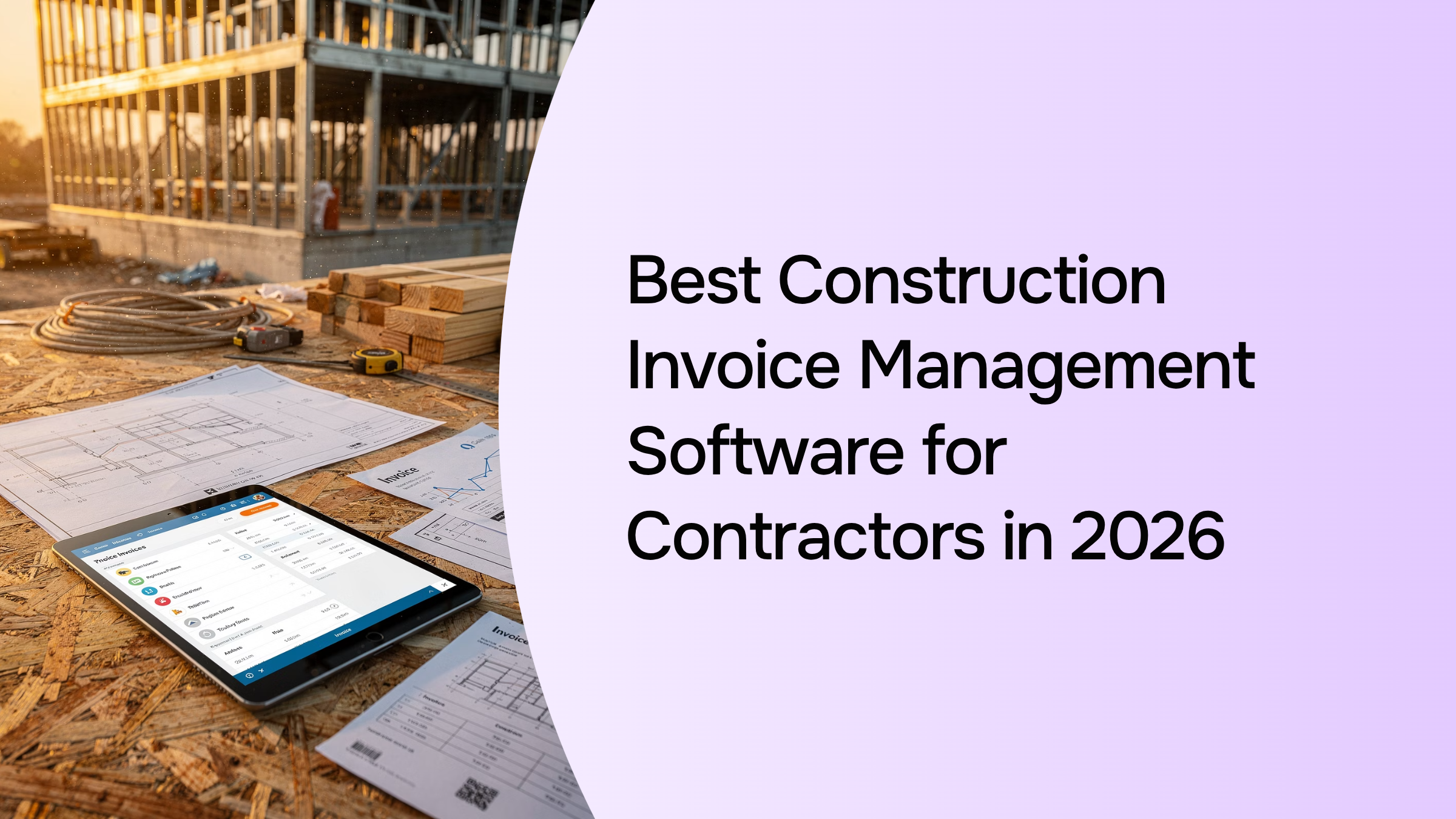 Modern digital workspace showing construction invoice management software on multiple screens with blueprints and financial data