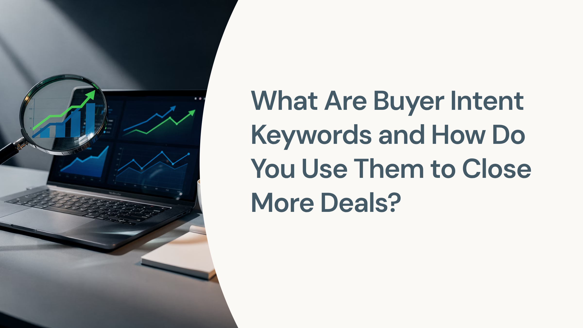 Professional workspace showing laptop with analytics charts and upward trending graph, representing buyer intent keywords and sales growth
