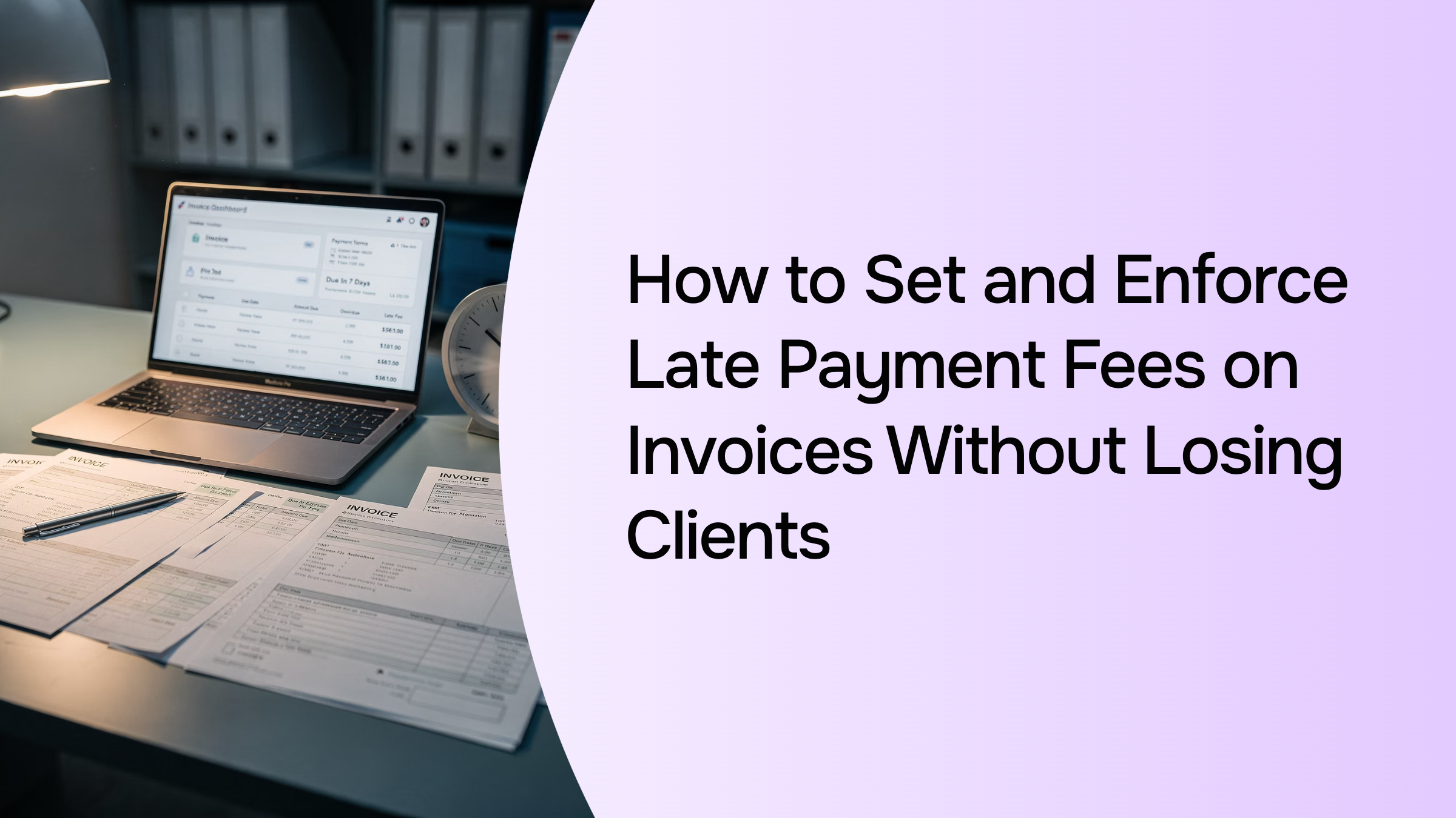 Professional 3D render of invoice with payment terms on modern desk, symbolizing fair late payment fee enforcement